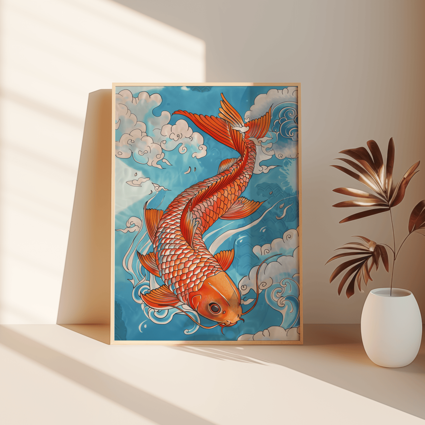 Painting of an orange Japanese koi fish swimming in the blue clouds, leaning against the bedroom floor - Paw Prints
