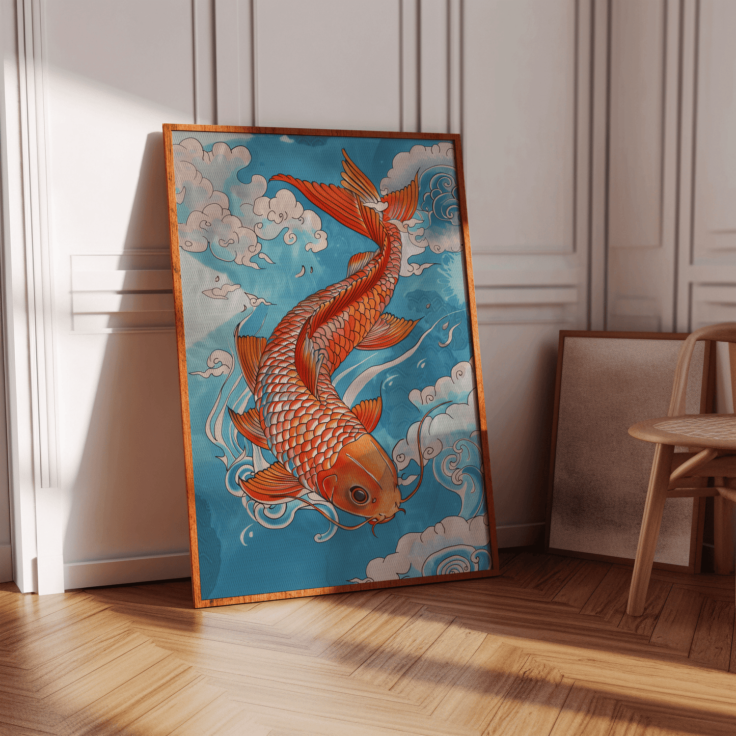 Painting of an orange Japanese koi fish swimming in the blue clouds, in a hallway - Paw Prints