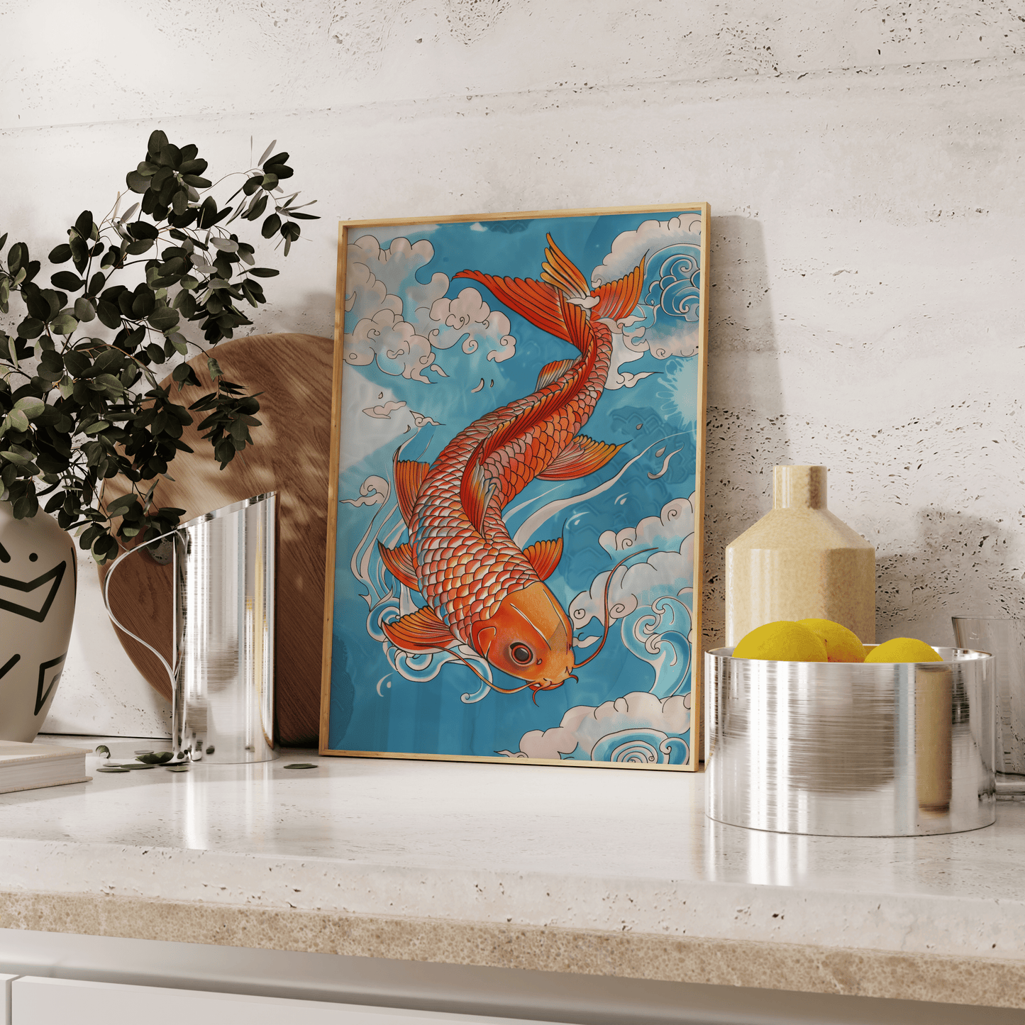Painting of an orange Japanese koi fish swimming in the blue clouds, leaning against the kitchen counter - Paw Prints