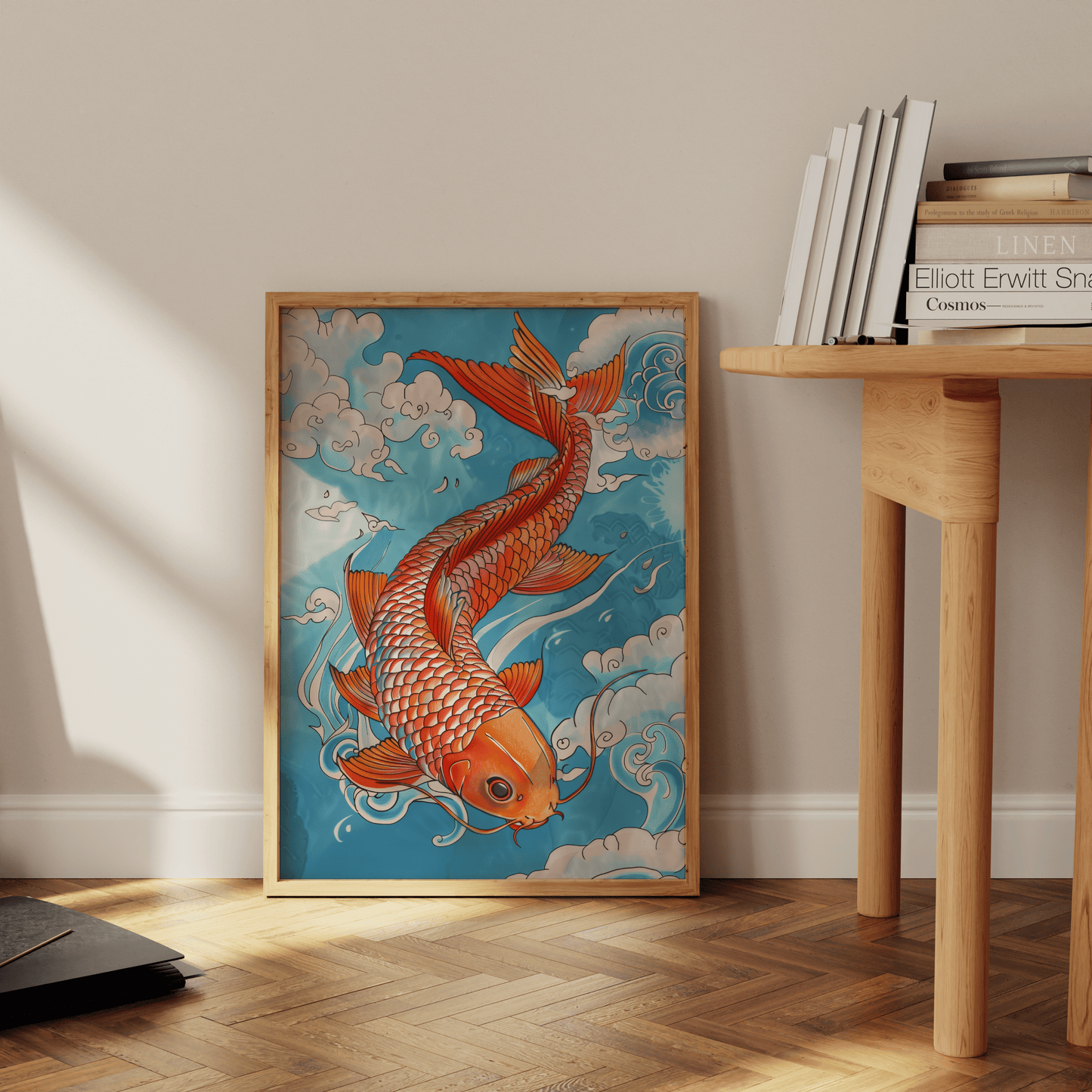Painting of an orange Japanese koi fish swimming in the blue clouds, leaning against the office wall - Paw Prints