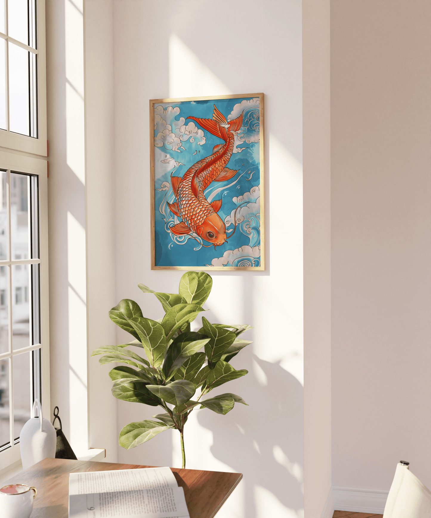 Painting of an orange Japanese koi fish swimming in the blue clouds, on a blank wall - Paw Prints