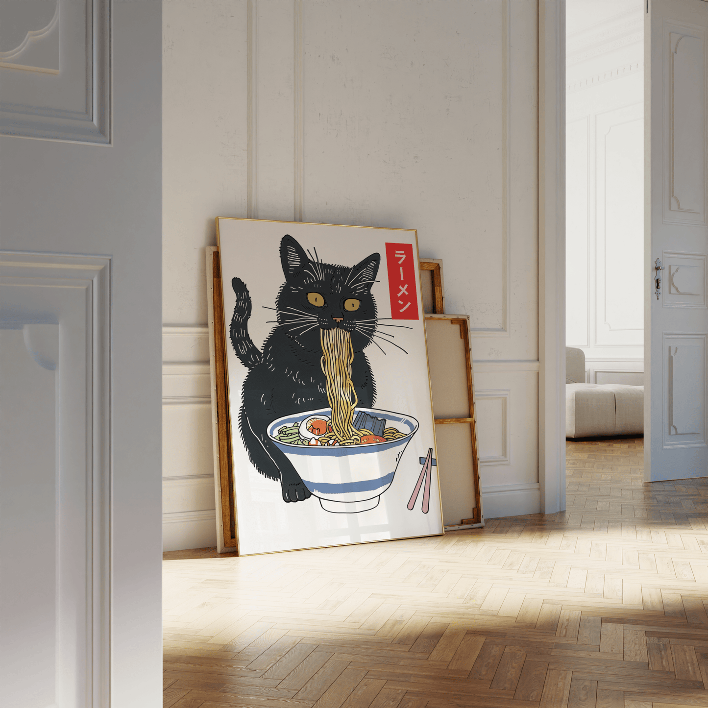 Painting a black cat eating miso ramen, with Japanese labeled "ramen", leaning against a white bathroom wall - Paw Prints
