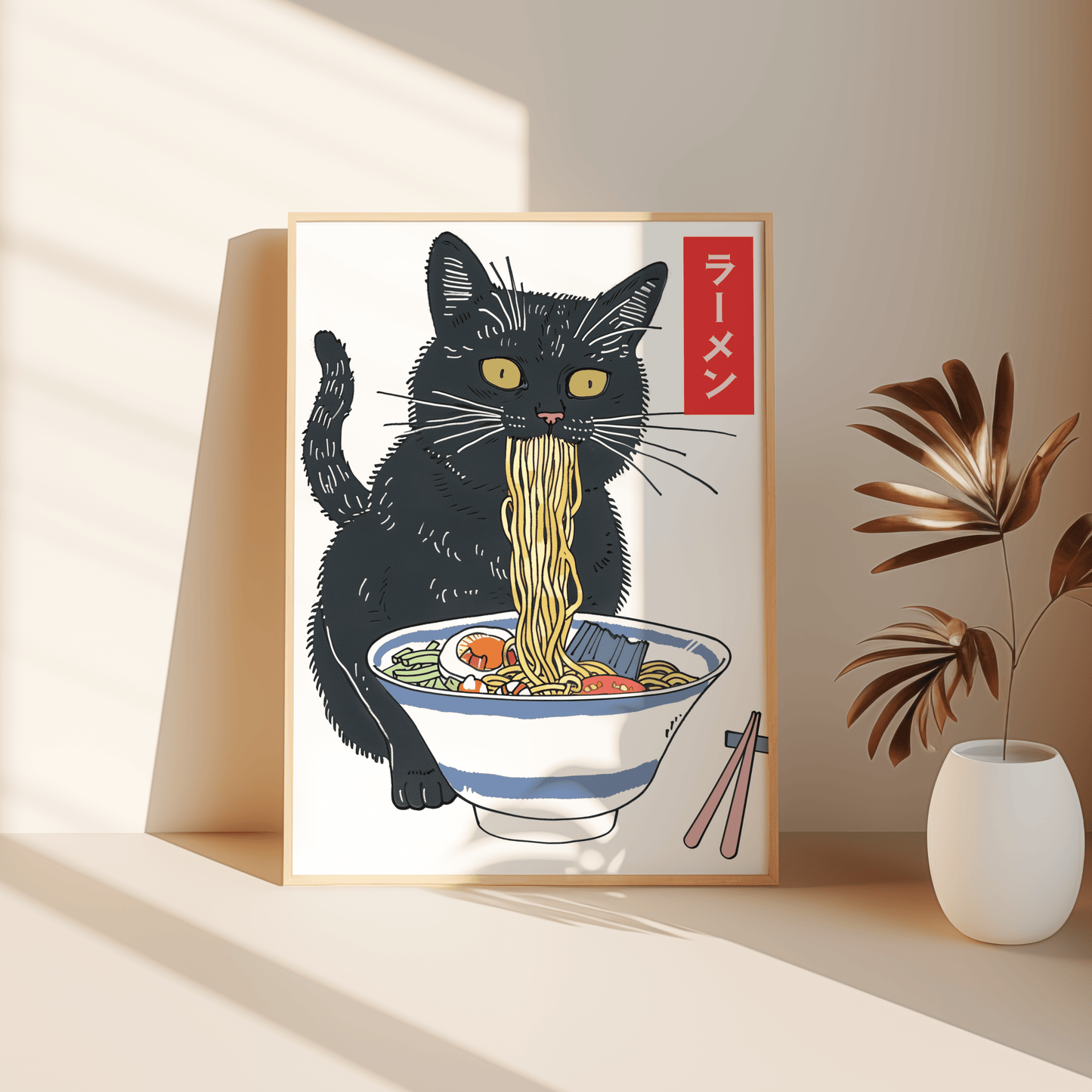 Painting a black cat eating miso ramen, with Japanese labeled "ramen", leaning against the bedroom floor - Paw Prints