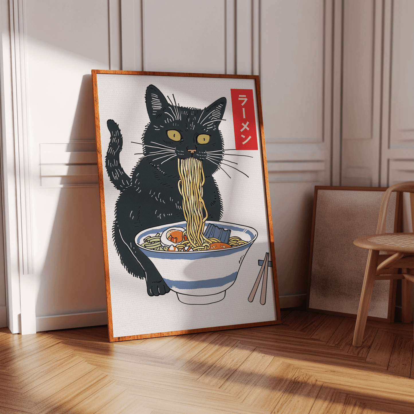Painting a black cat eating miso ramen, with Japanese Character labeled "ramen", in the hallway - Paw Prints
