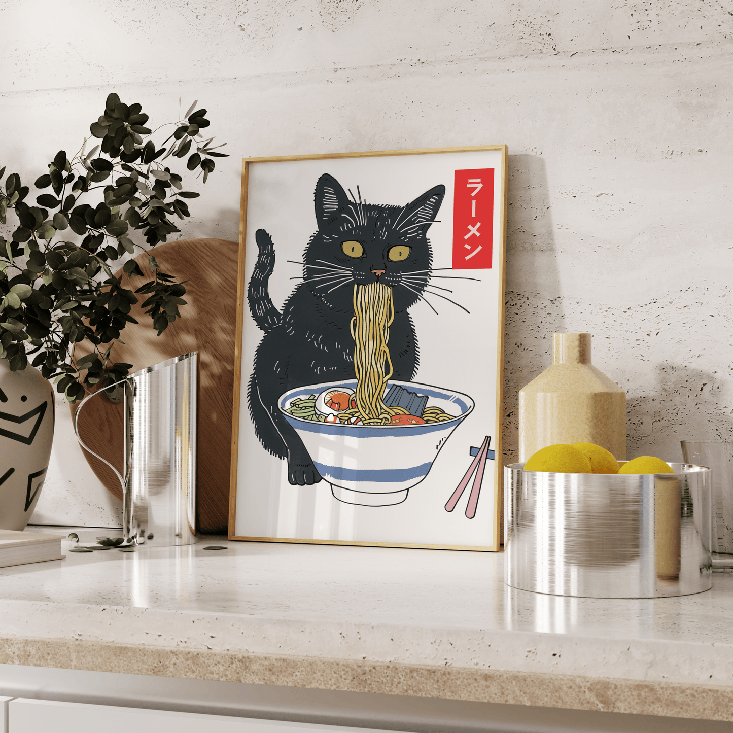 Painting a black cat eating miso ramen, with Japanese labeled "ramen", leaning against the kitchen counter - Paw Prints