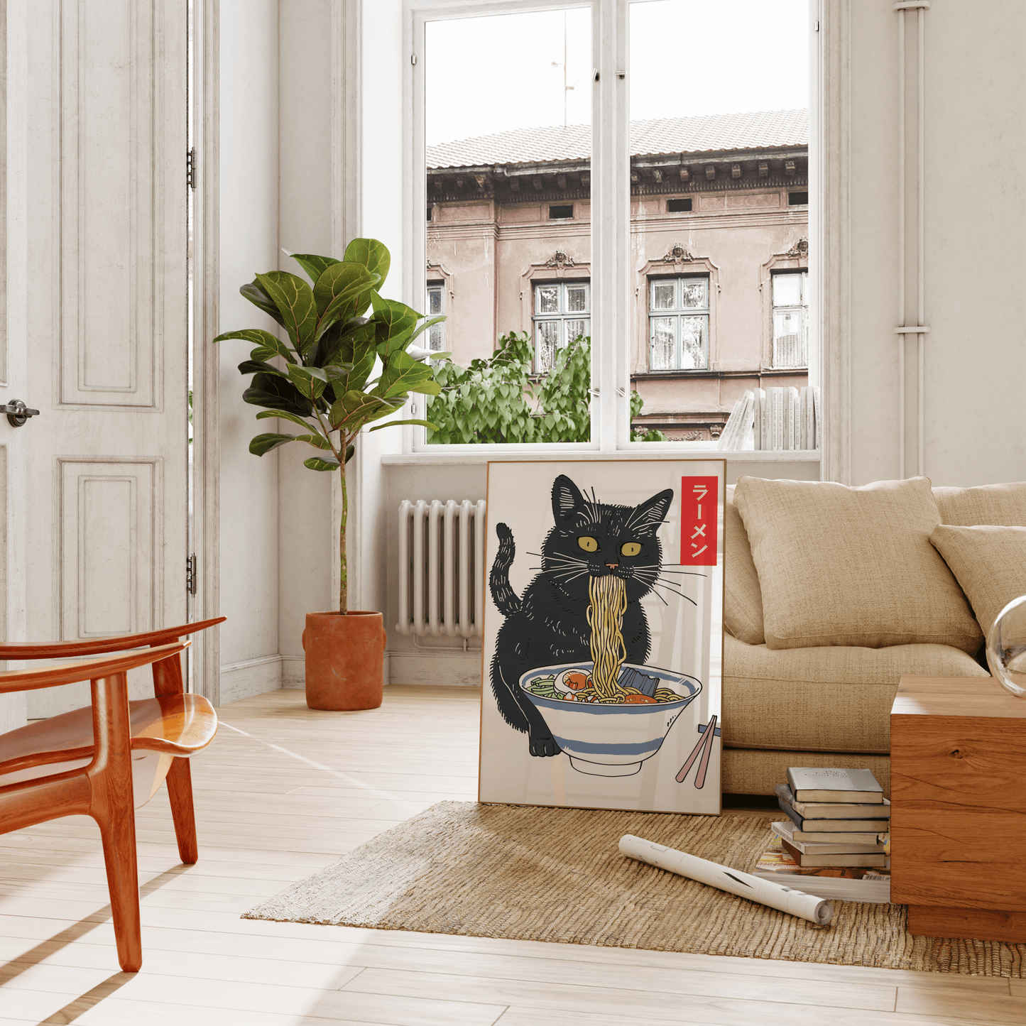 Painting a black cat eating miso ramen, with Japanese labeled "ramen", leaning on a couch in the living room - Paw Prints