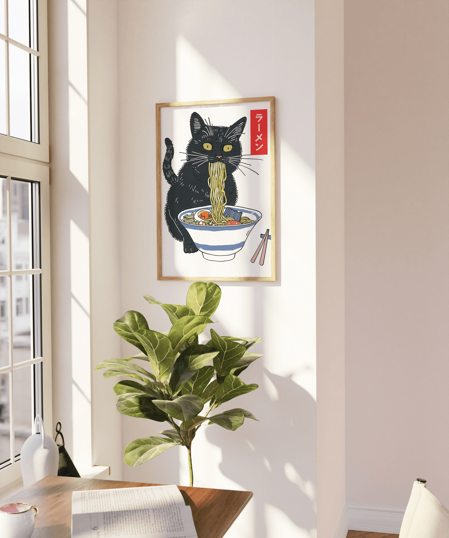 Painting a black cat eating miso ramen, with Japanese labeled "ramen", on a blank wall - Paw Prints