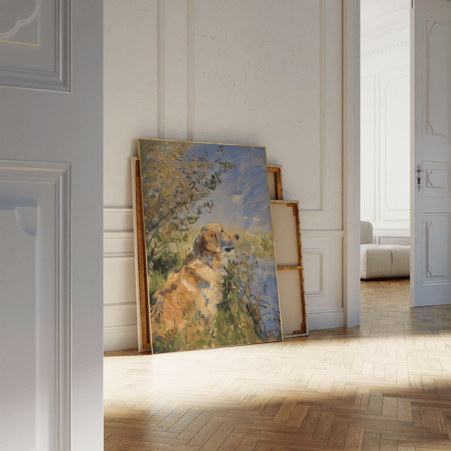 Impressionist painting of a Golden Retriever sitting by a calm lake, leaning against a white bathroom wall - Paw Prints