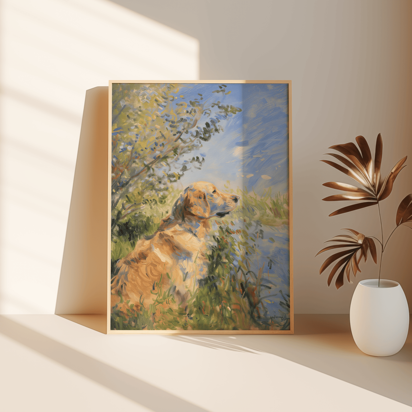 Impressionist painting of a Golden Retriever sitting by a calm lake, leaning against the bedroom floor - Paw Prints