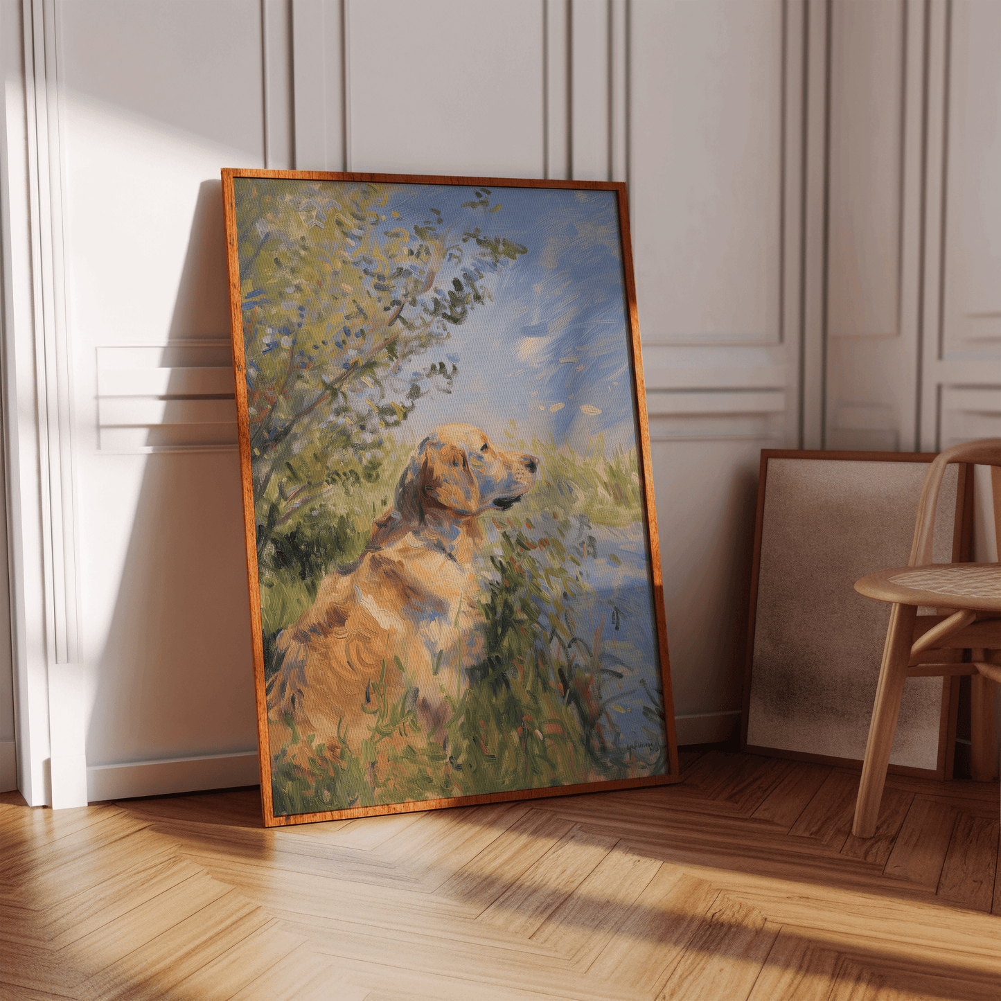 Impressionist painting of a Golden Retriever sitting by a calm lake, surrounded by nature, in a hallway - Paw Prints