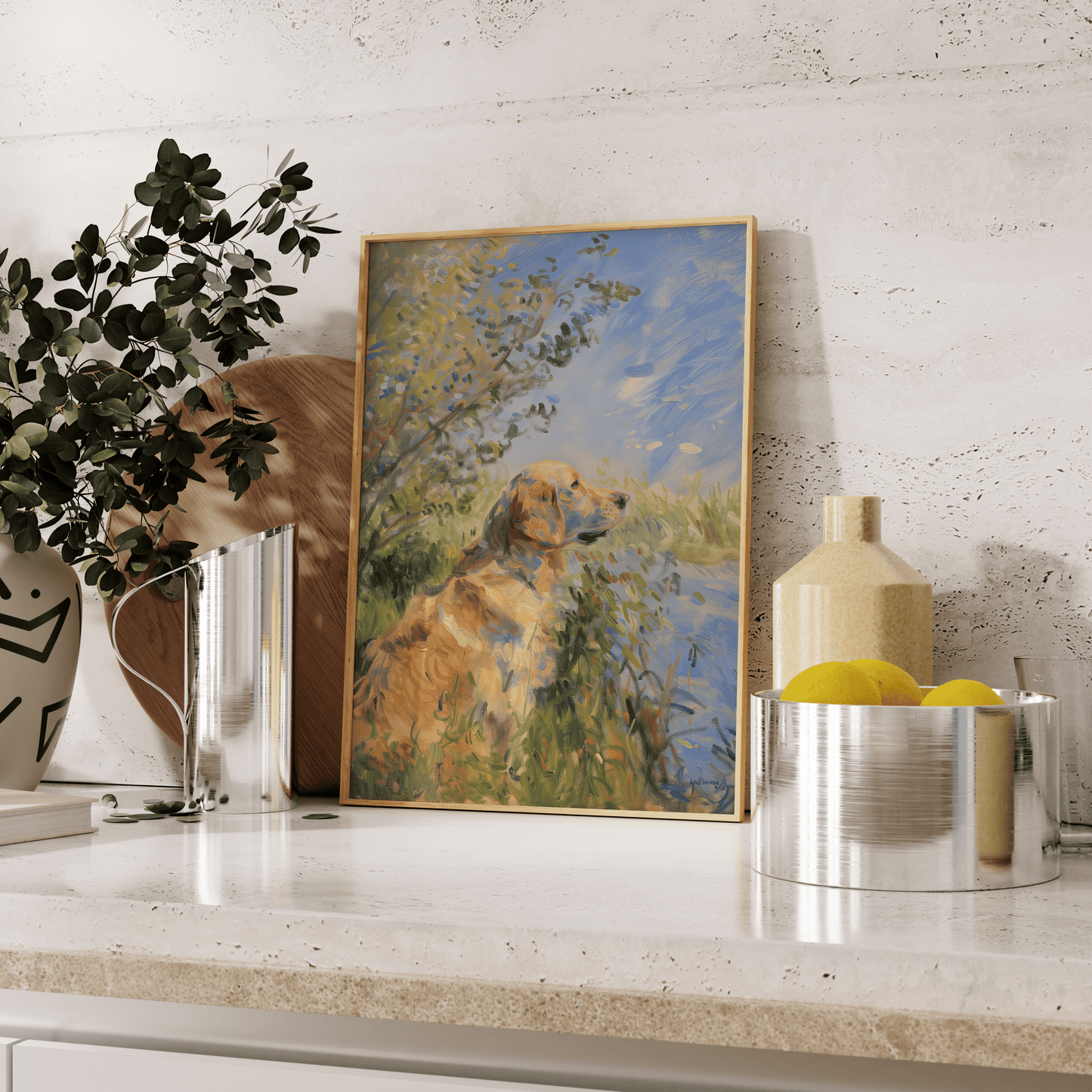 Impressionist painting of a Golden Retriever sitting by a calm lake, leaning against the kitchen counter - Paw Prints