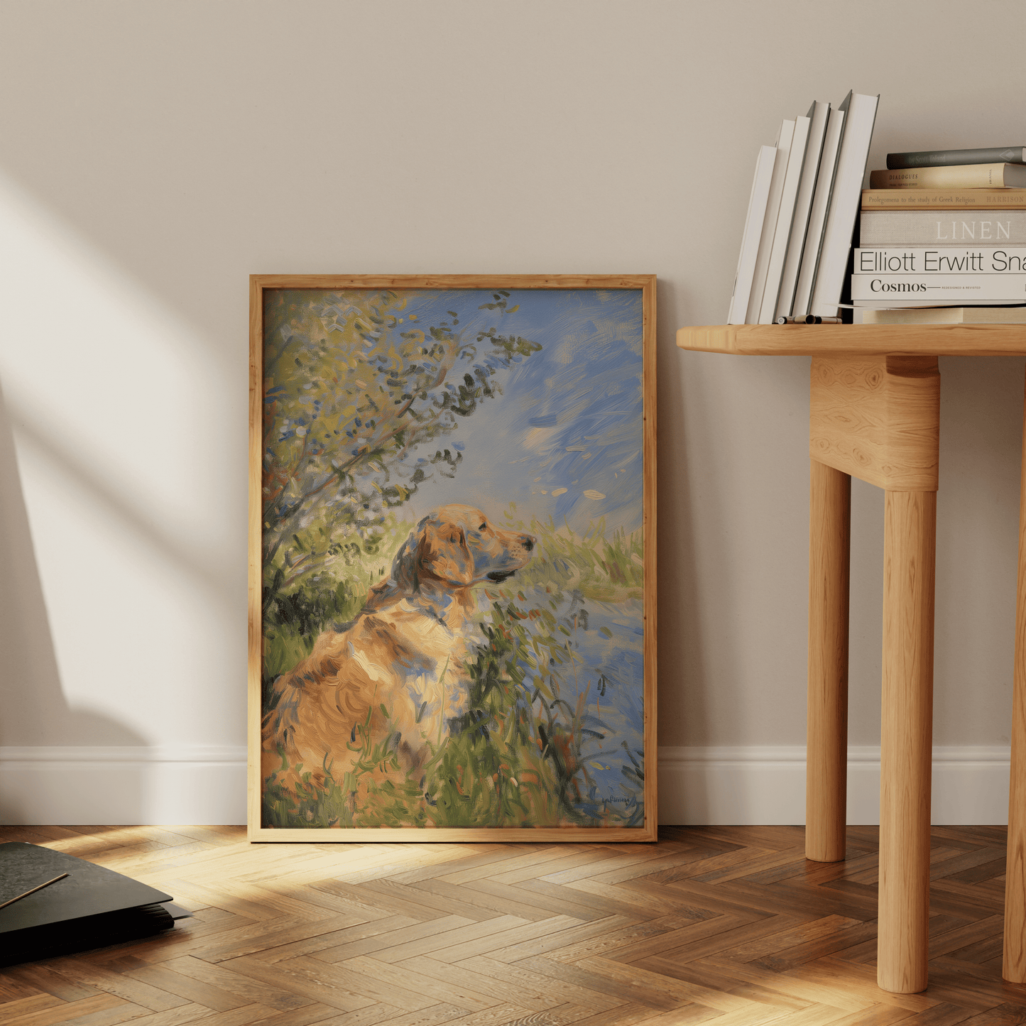 Impressionist painting of a Golden Retriever sitting by a calm lake, leaning against the office wall - Paw Prints