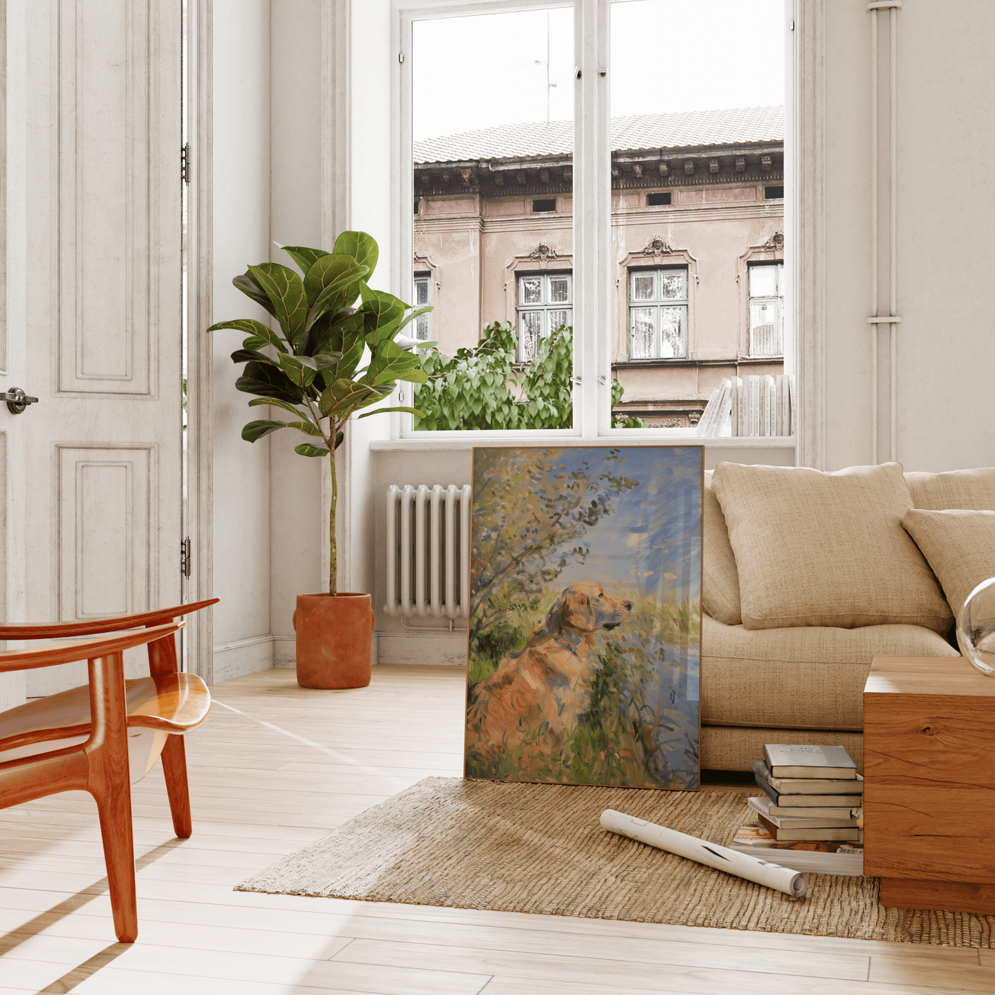 Impressionist painting of a Golden Retriever sitting by a calm lake, leaning on a couch in the living room - Paw Prints