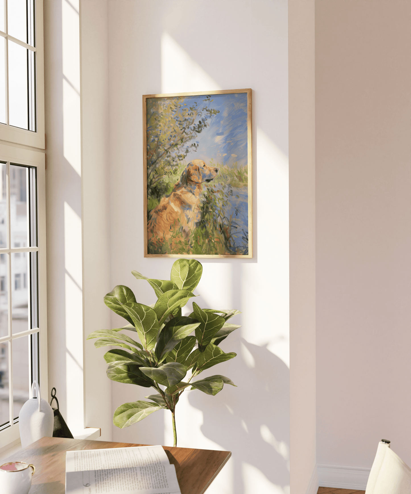 Impressionist painting of a Golden Retriever sitting by a calm lake, on a blank wall - Paw Prints
