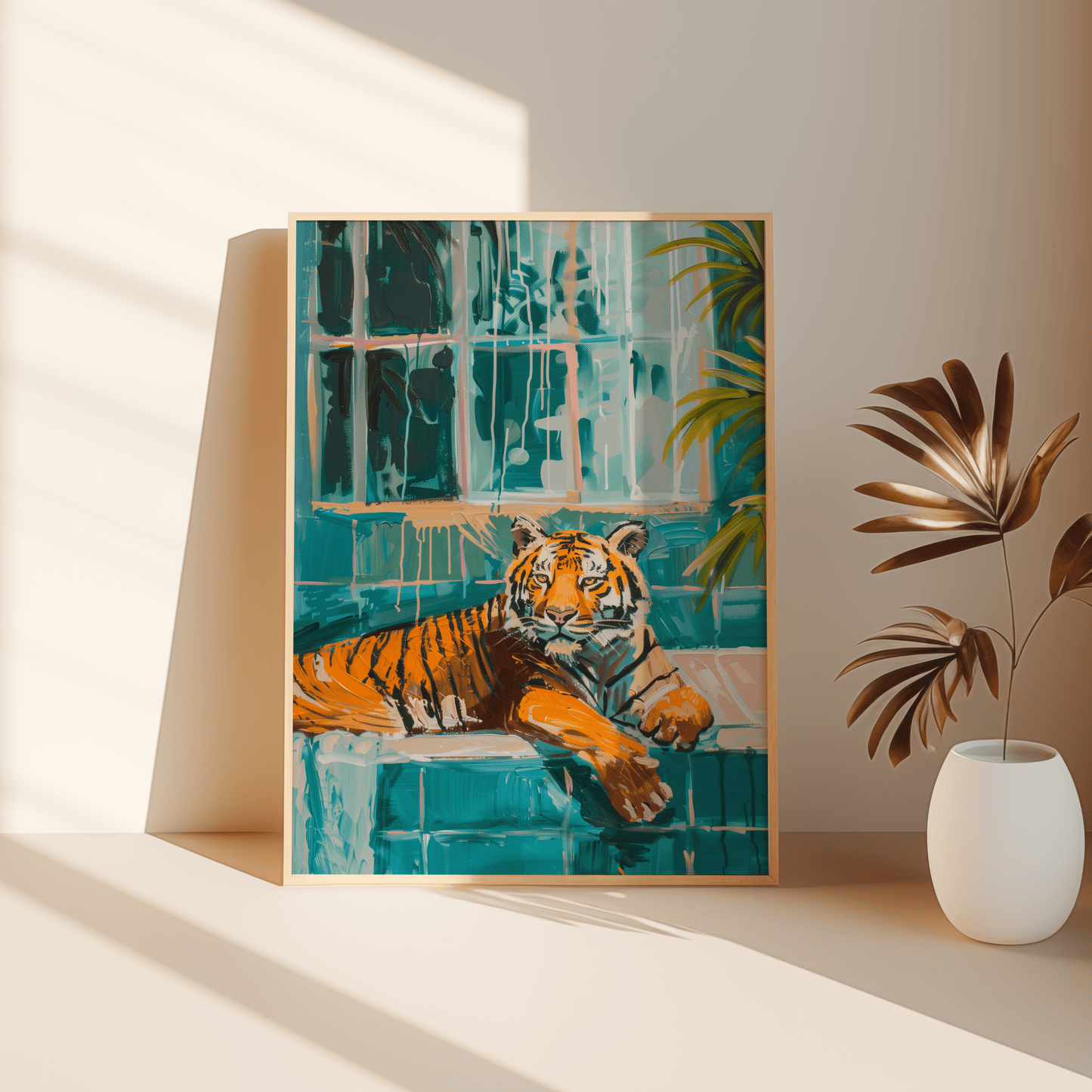Acrylic painting of a Tiger lounging in a bathtub in tropical Miami, leaning against the bedroom floor - Paw Prints