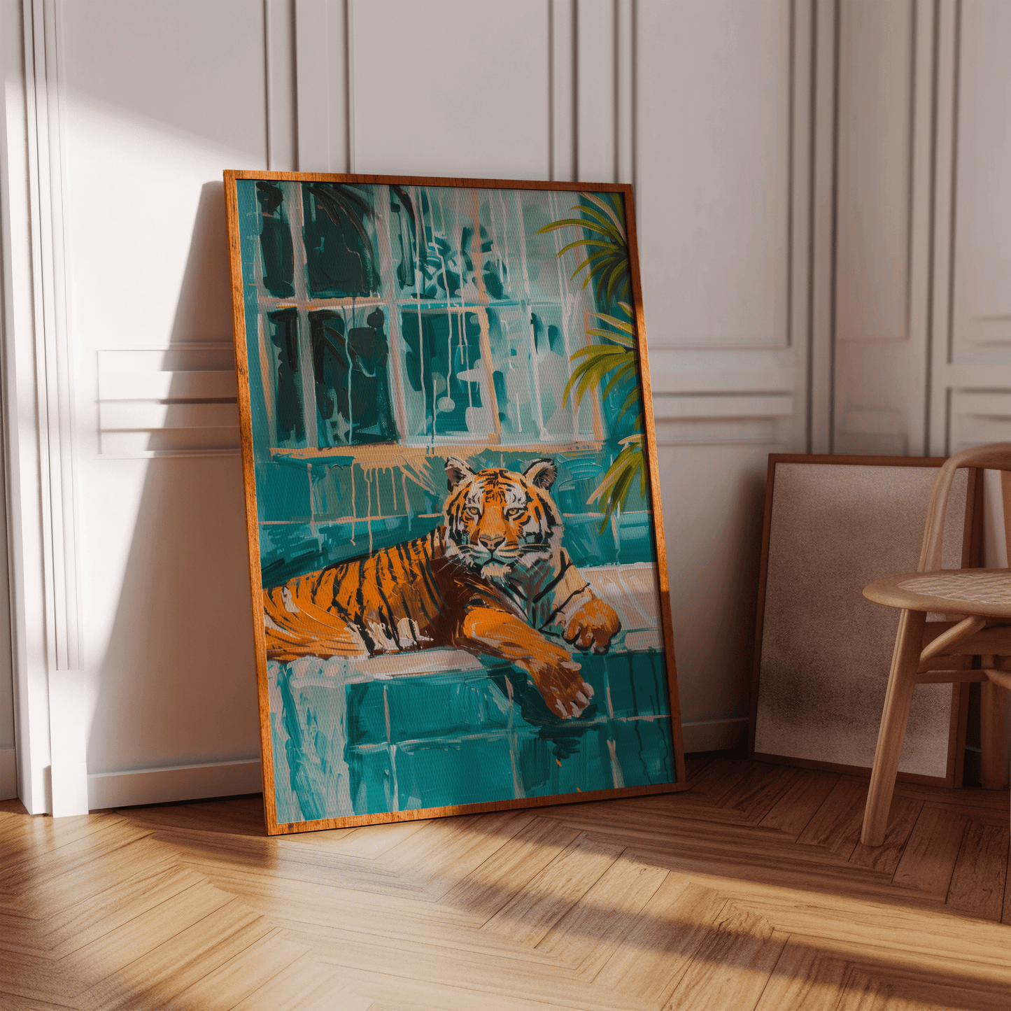 Acrylic painting of a Tiger lounging in a bathtub in tropical Miami, in a Victorian hallway - Paw Prints