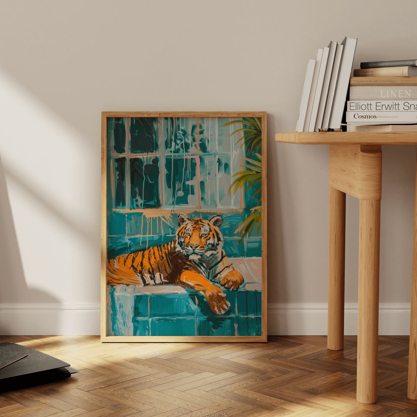 Acrylic painting of a Tiger lounging in a bathtub in tropical Miami, leaning against the office wall - Paw Prints