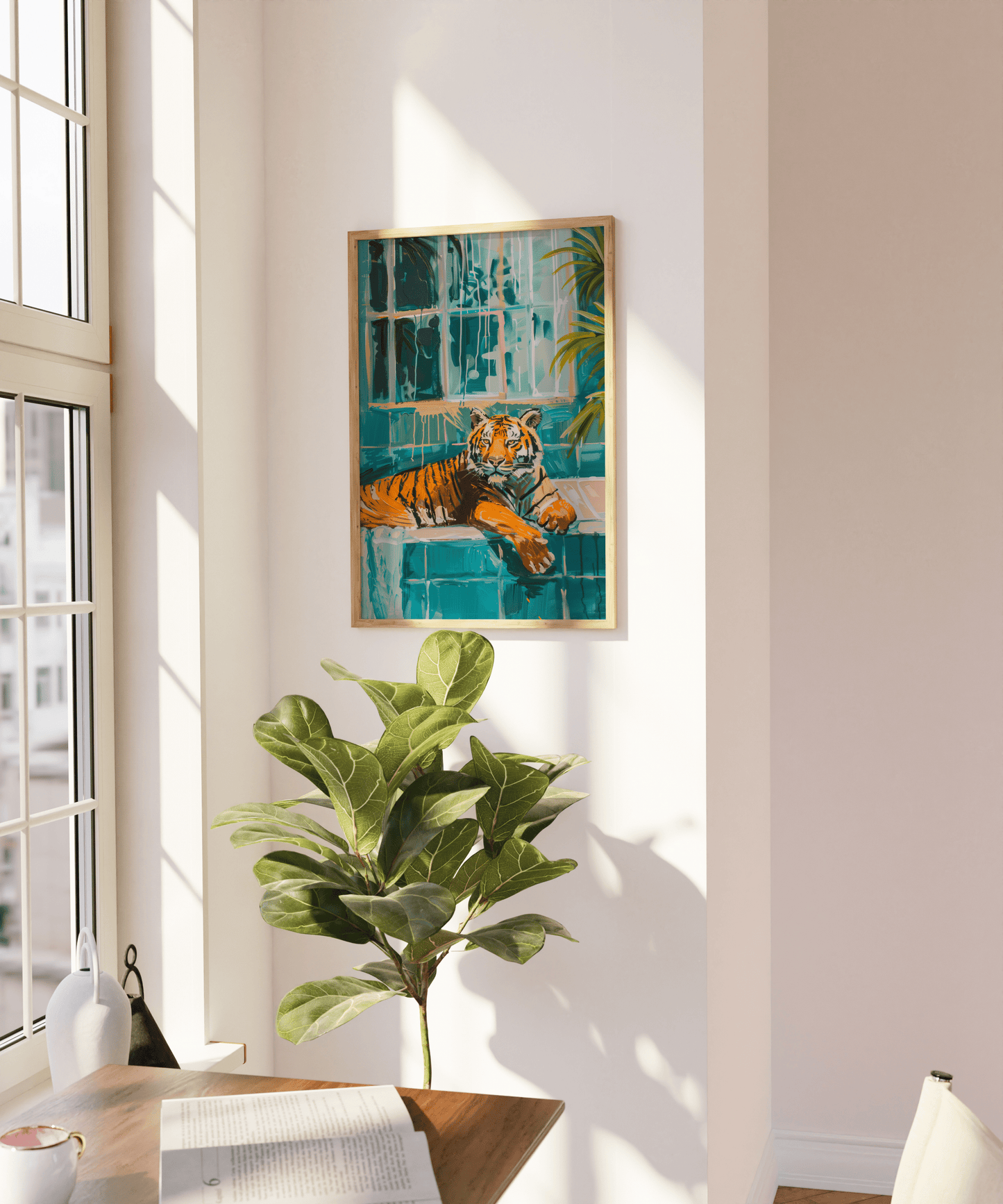 Acrylic painting of a Tiger lounging in a bathtub in tropical Miami, on a blank wall - Paw Prints