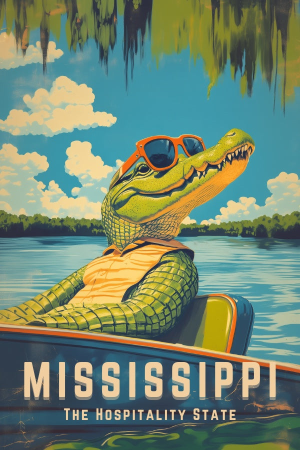 "Mississippi", a vintage travel poster, featuring an alligator riding in the swamps of Mississippi on an airboat and wearing sunglasses