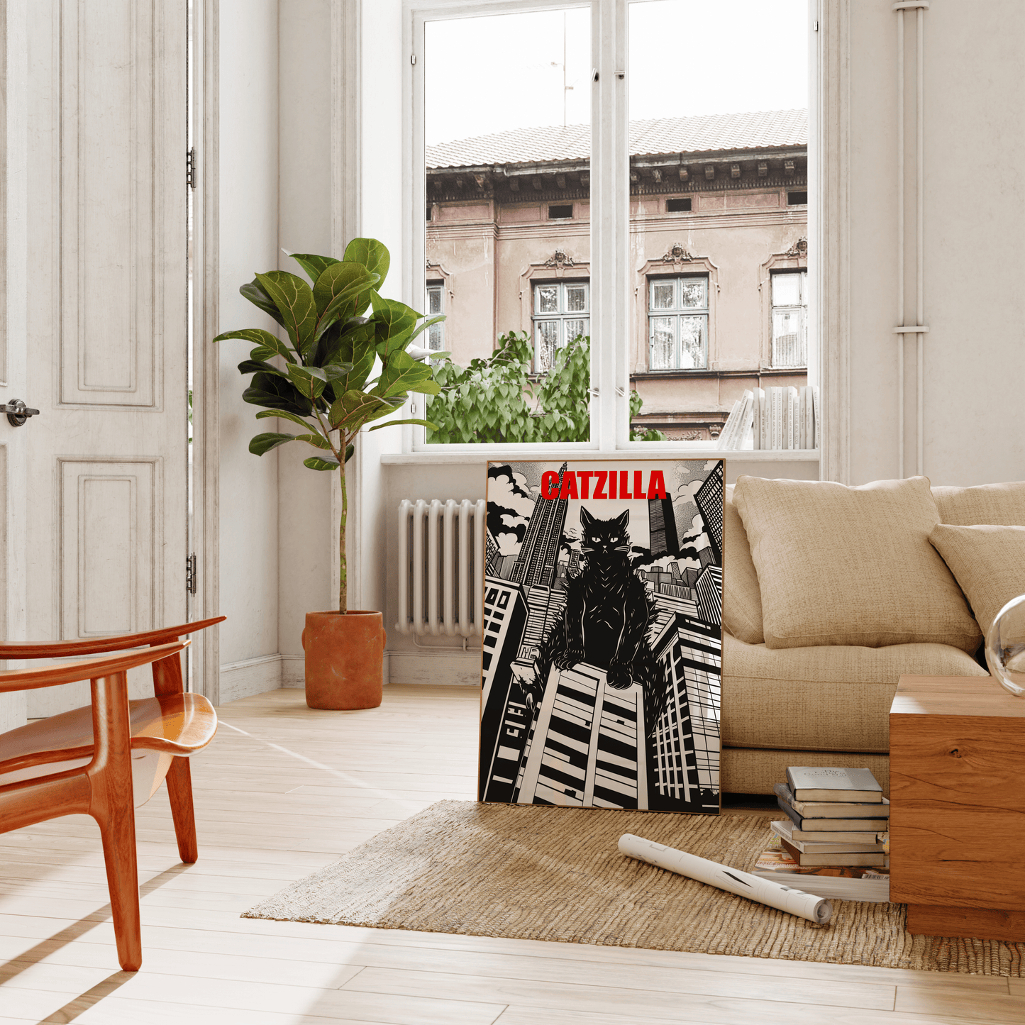 Framed poster of a manga Catzilla over large buildings, Black and White, leaning on a couch in the living room - Paw Prints
