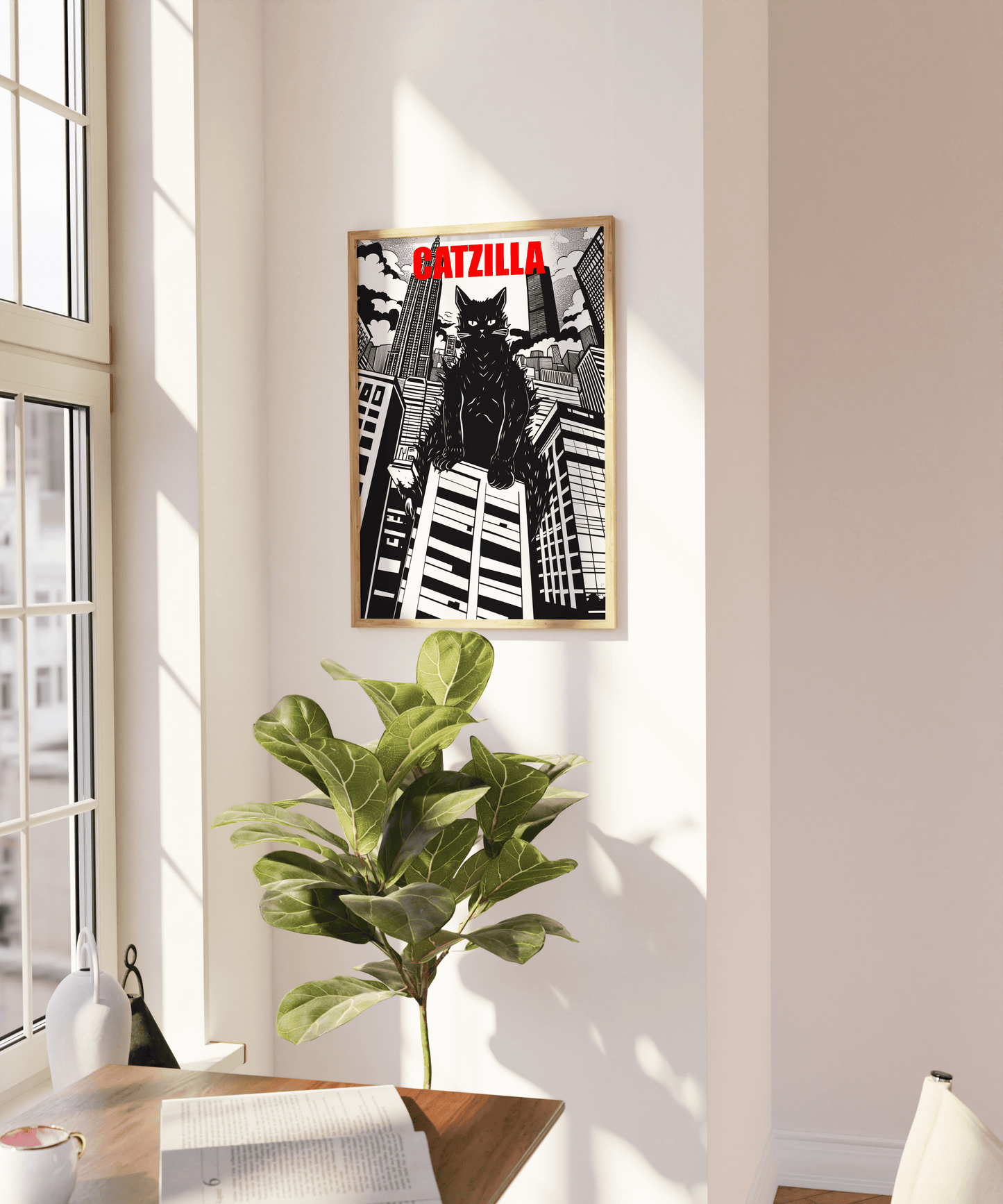 Framed poster of a manga Catzilla over large buildings, Black and White, on a blank wall - Paw Prints