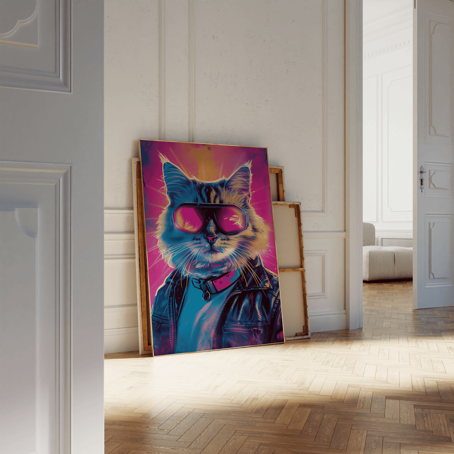 Retro framed poster of a cat wearing goggles and a leather jacket, leaning against a white bathroom wall - Paw Prints