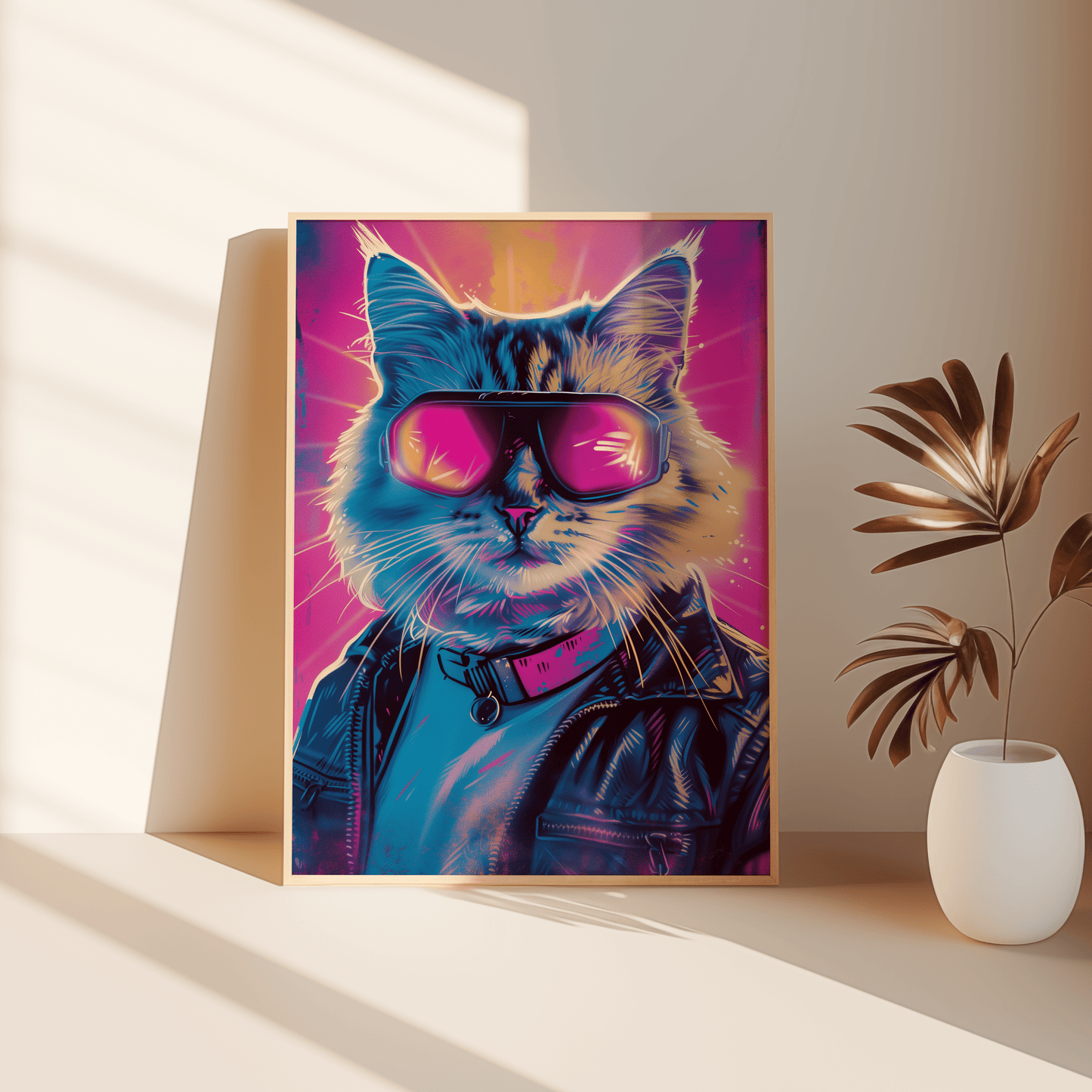 Retro framed poster of a cat wearing goggles and a leather jacket, leaning against the bedroom floor - Paw Prints