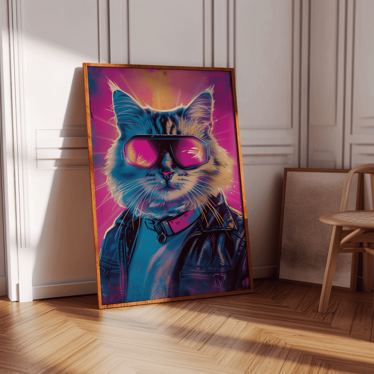 Retro framed poster of a cat wearing goggles and a leather jacket, pop art style, in a hallway - Paw Prints