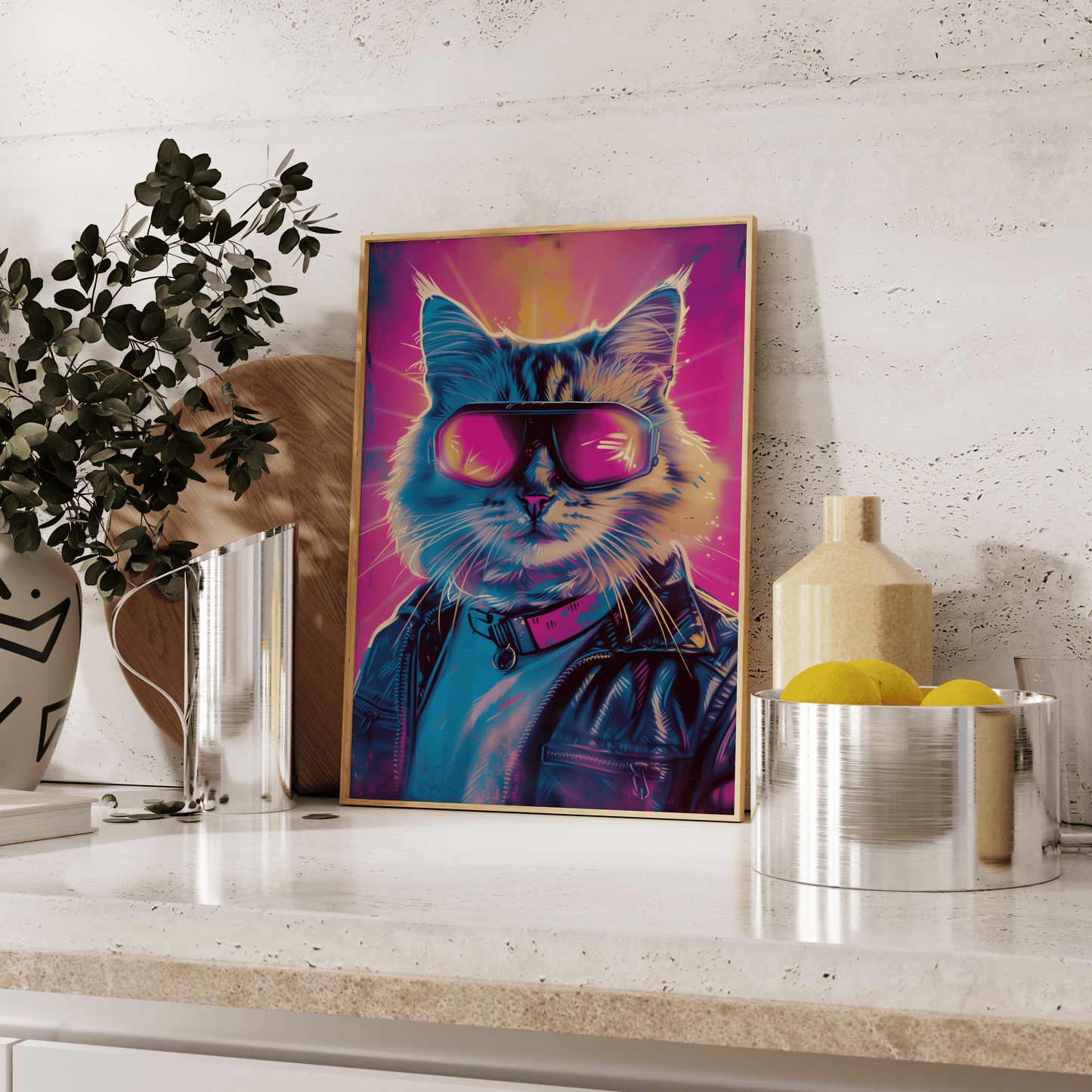 Retro framed poster of a cat wearing goggles and a leather jacket, leaning against the kitchen counter - Paw Prints