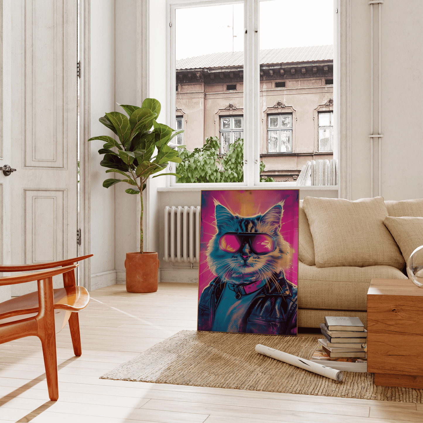 Retro framed poster of a cat wearing goggles and a leather jacket, leaning on a couch in the living room - Paw Prints