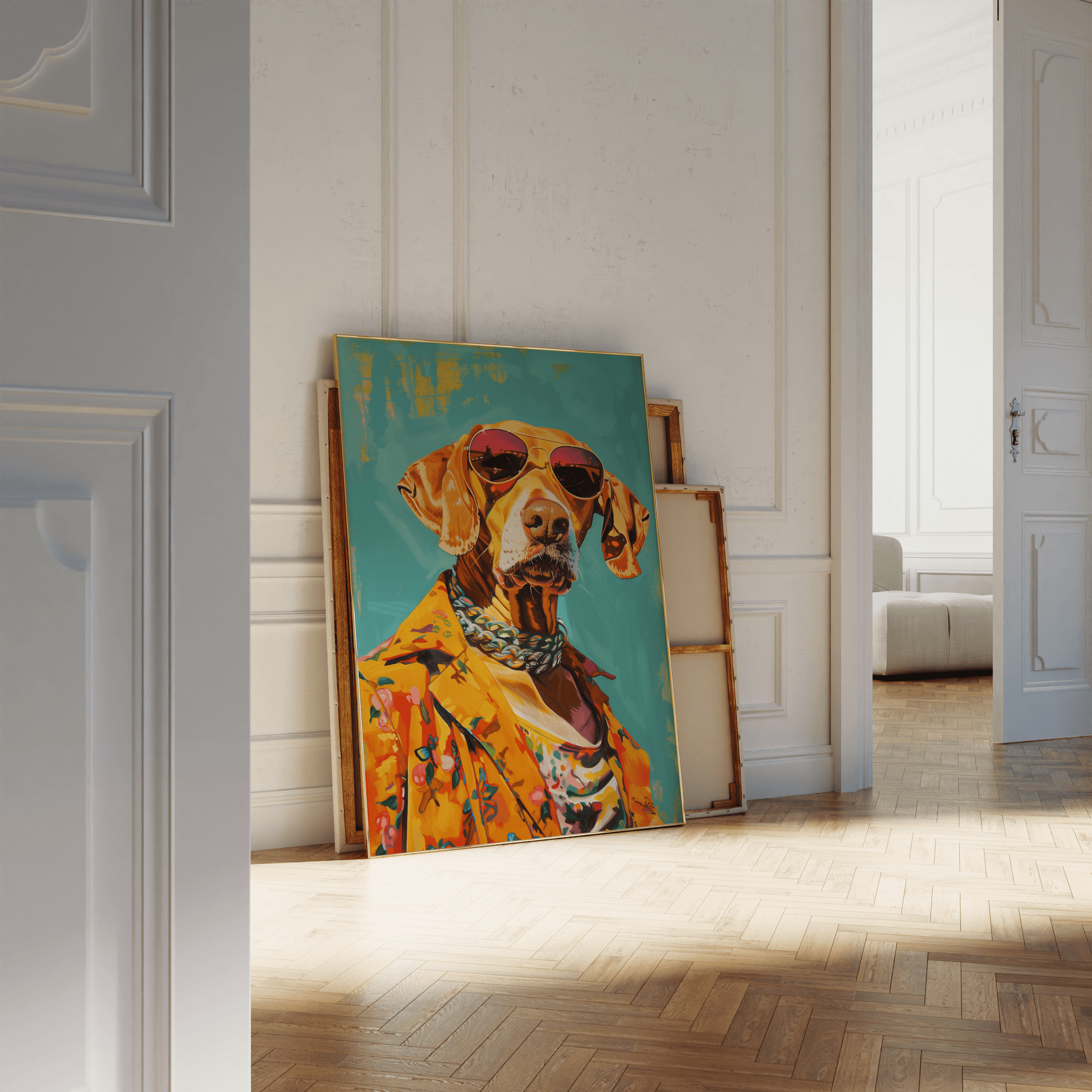 Painting of a dog portrait wearing chains and a Hawaiian shirt in Miami, leaning against a white bathroom wall - Paw Prints