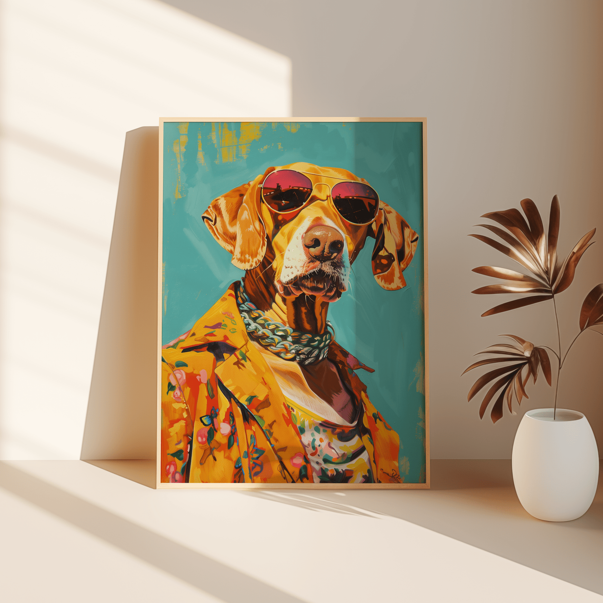 Painting of a dog portrait wearing chains and a Hawaiian shirt in Miami, leaning against the bedroom floor - Paw Prints