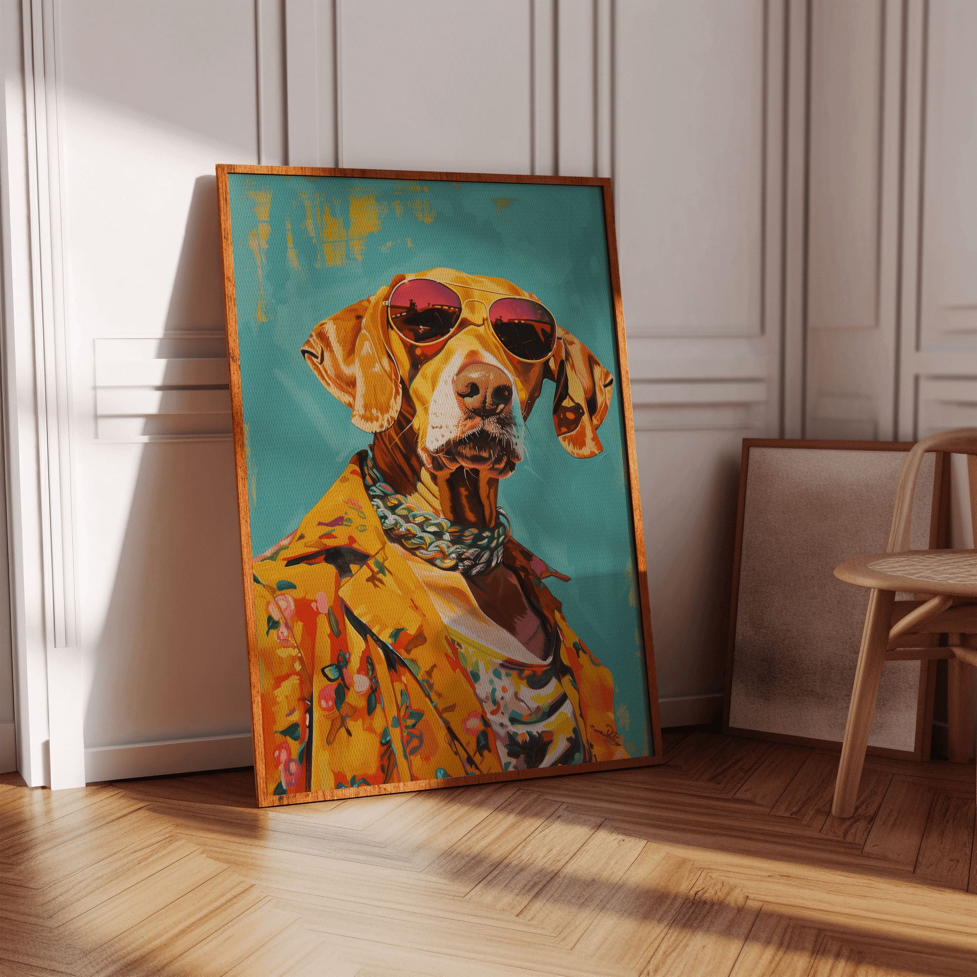 Painting of a golden Weimaraner portrait wearing chains and a Hawaiian shirt in Miami, in hallway - Paw Prints