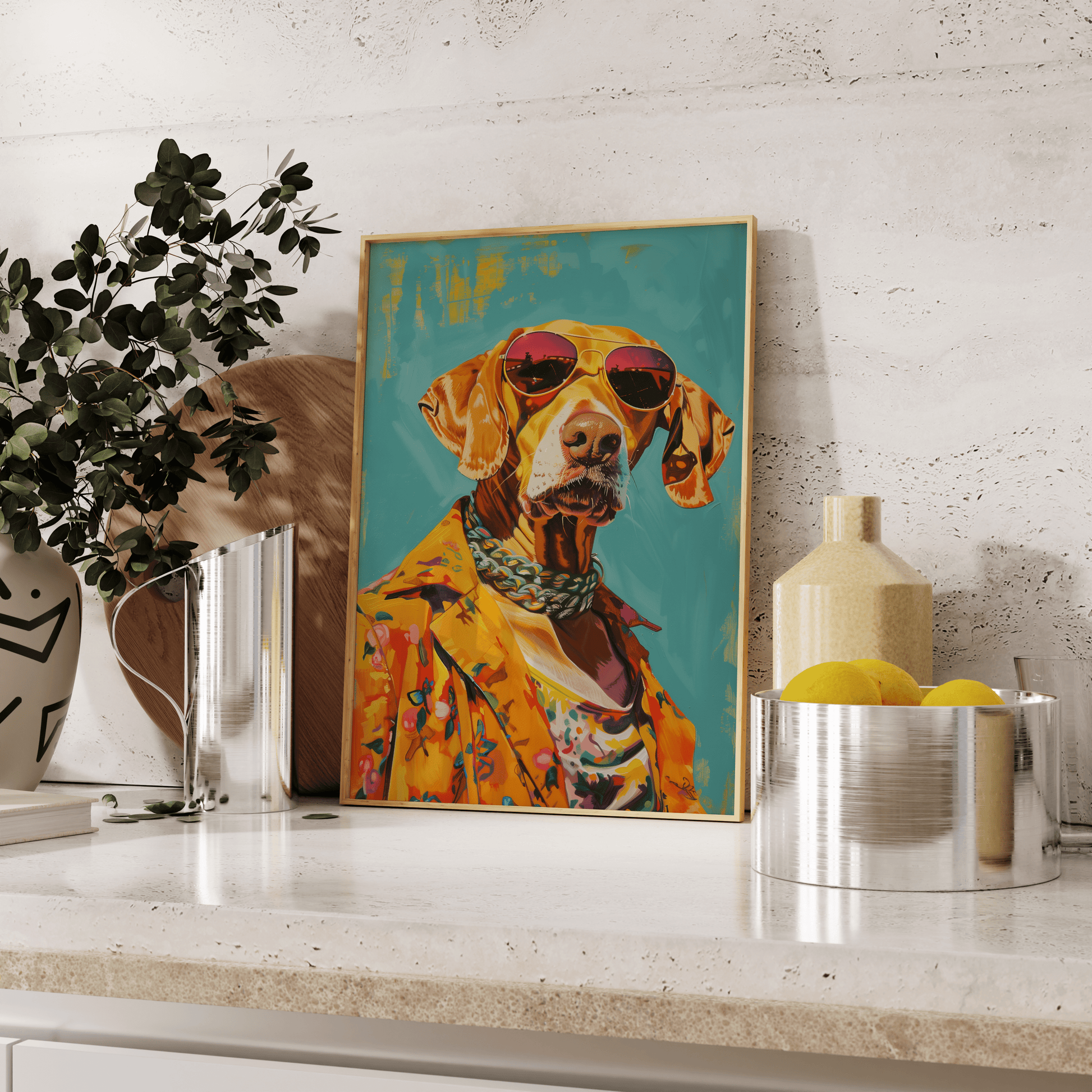 Painting of a dog portrait wearing chains and a Hawaiian shirt in Miami, leaning against the kitchen counter - Paw Prints