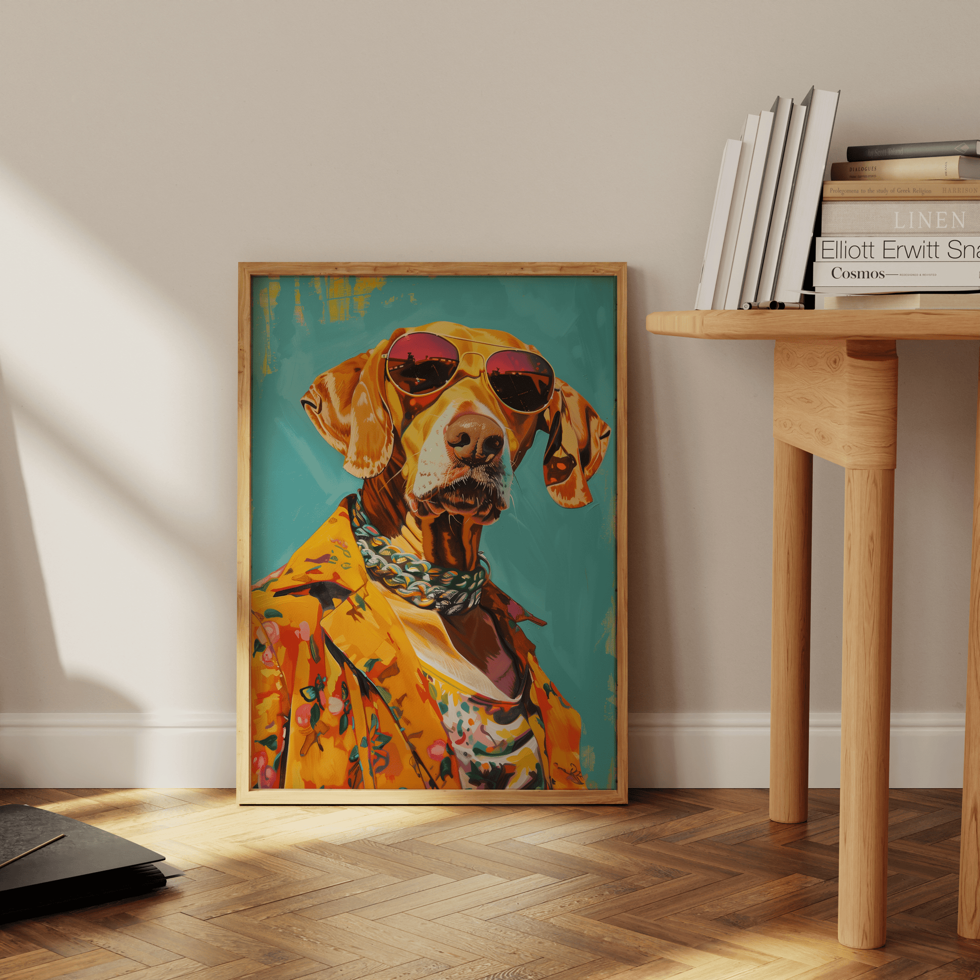 Painting of a dog portrait wearing chains and a Hawaiian shirt in Miami, leaning against the office wall - Paw Prints