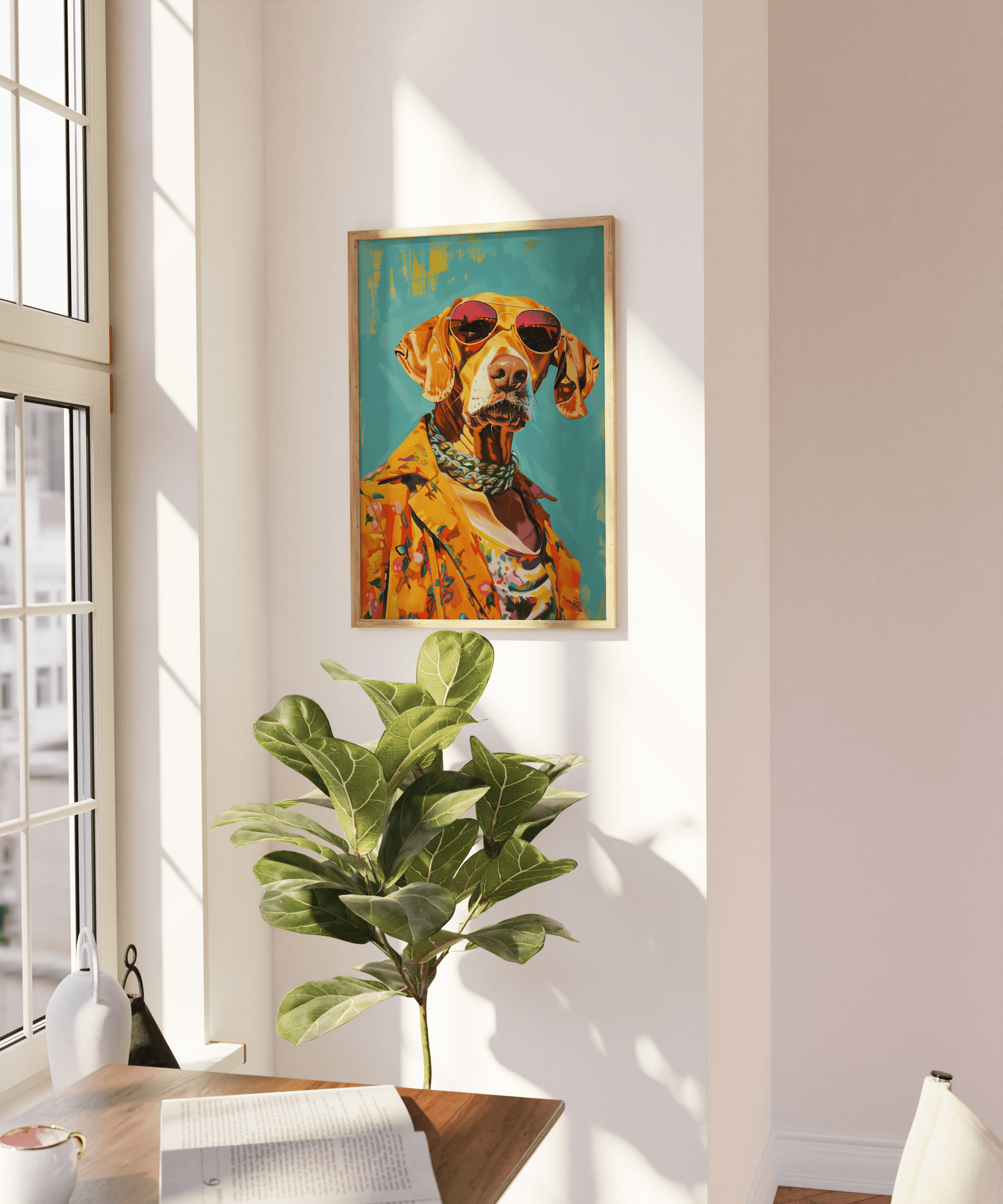 Painting of a dog portrait wearing chains and a Hawaiian shirt in Miami, on a blank wall - Paw Prints