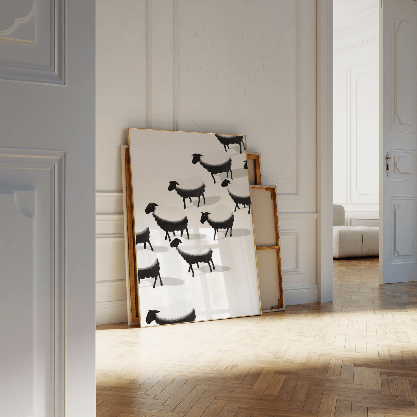Framed painting of a herd of black and white sheep, leaning against a white bathroom wall - Paw Prints