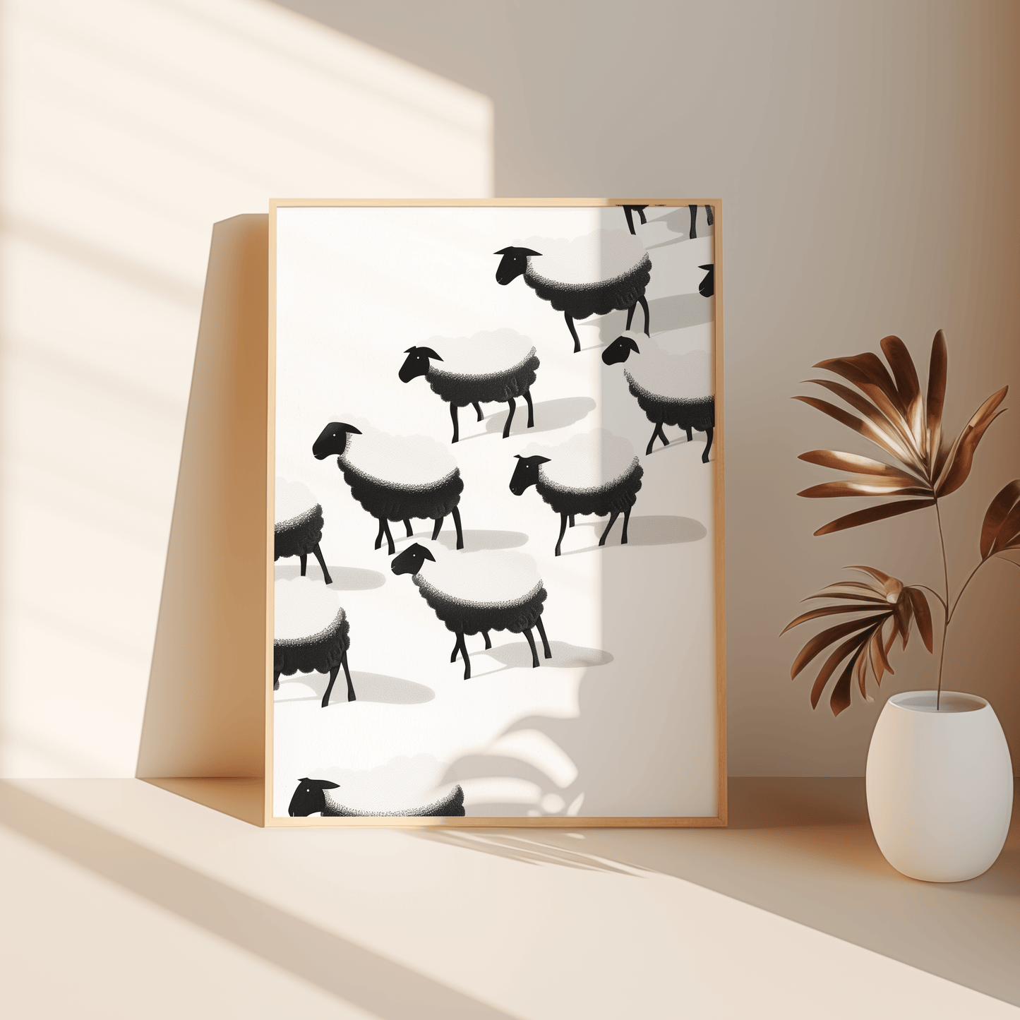 Framed painting of a herd of black and white sheep, leaning against the bedroom floor - Paw Prints
