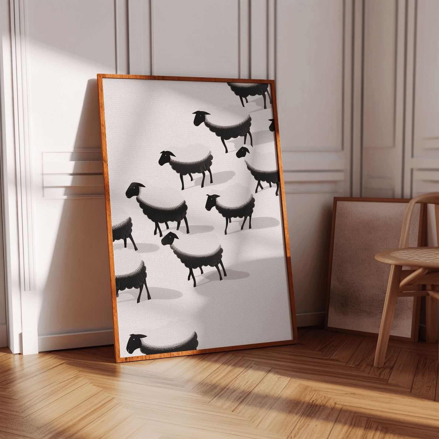Framed painting of a herd of black and white sheep, in a hallway - Paw Prints