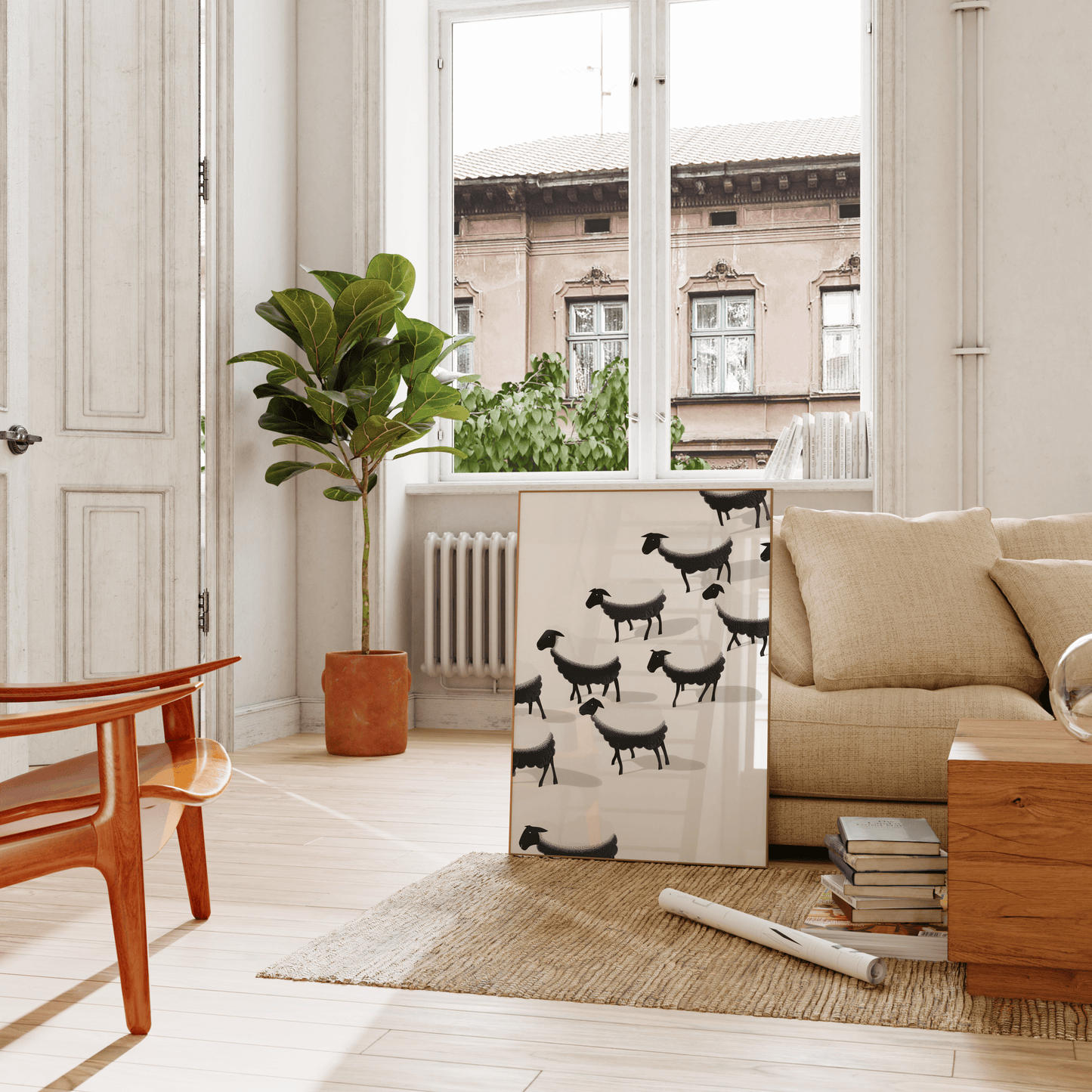 Framed painting of a herd of black and white sheep, leaning on a couch in the living room - Paw Prints