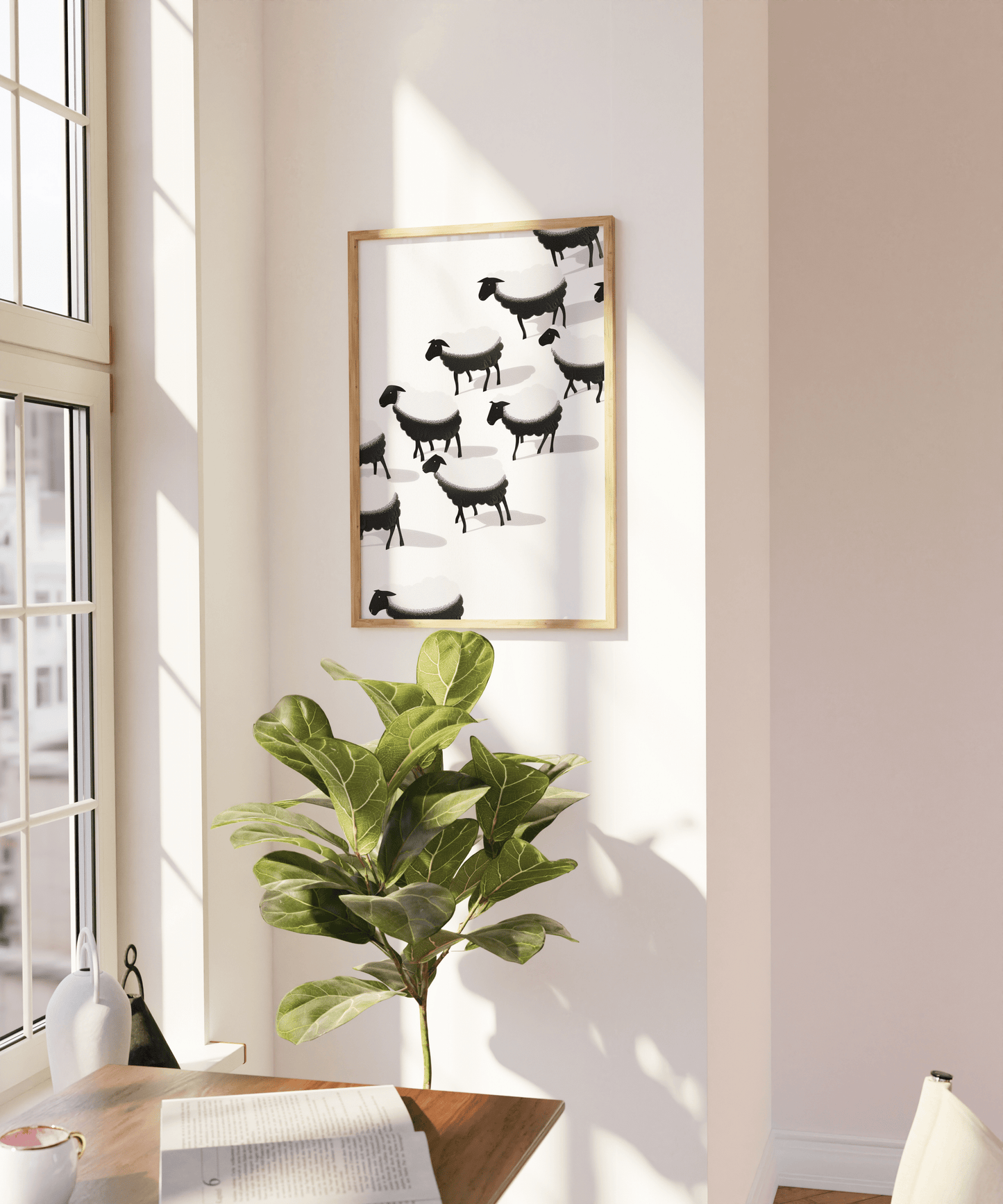 Framed painting of a herd of black and white sheep, on a blank wall - Paw Prints