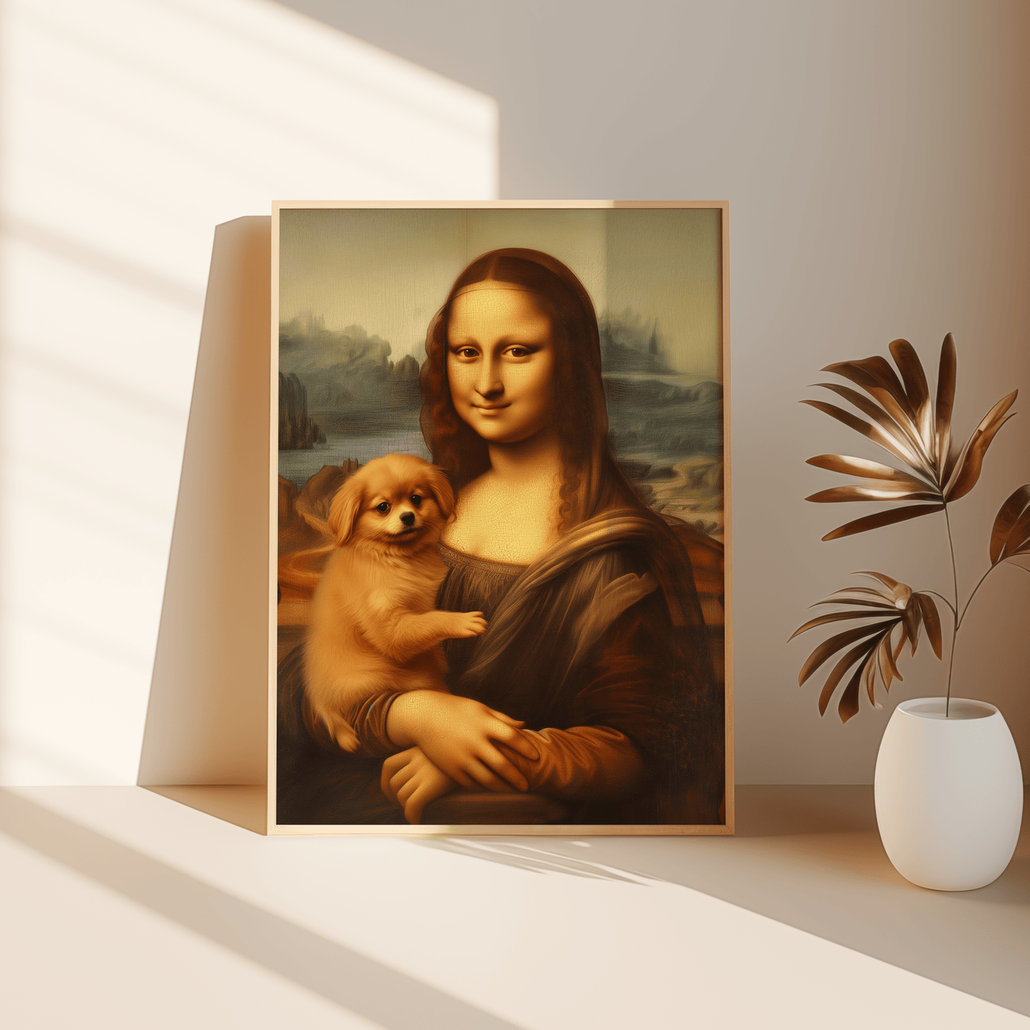Painting of Mona Lisa holding a pomeranian puppy, leaning against the bedroom floor - Paw Prints
