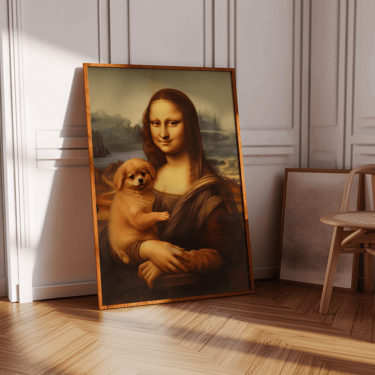 Painting of Mona Lisa holding a pomeranian puppy, in a white Victorian hallway in view of natural sunlight - Paw Prints