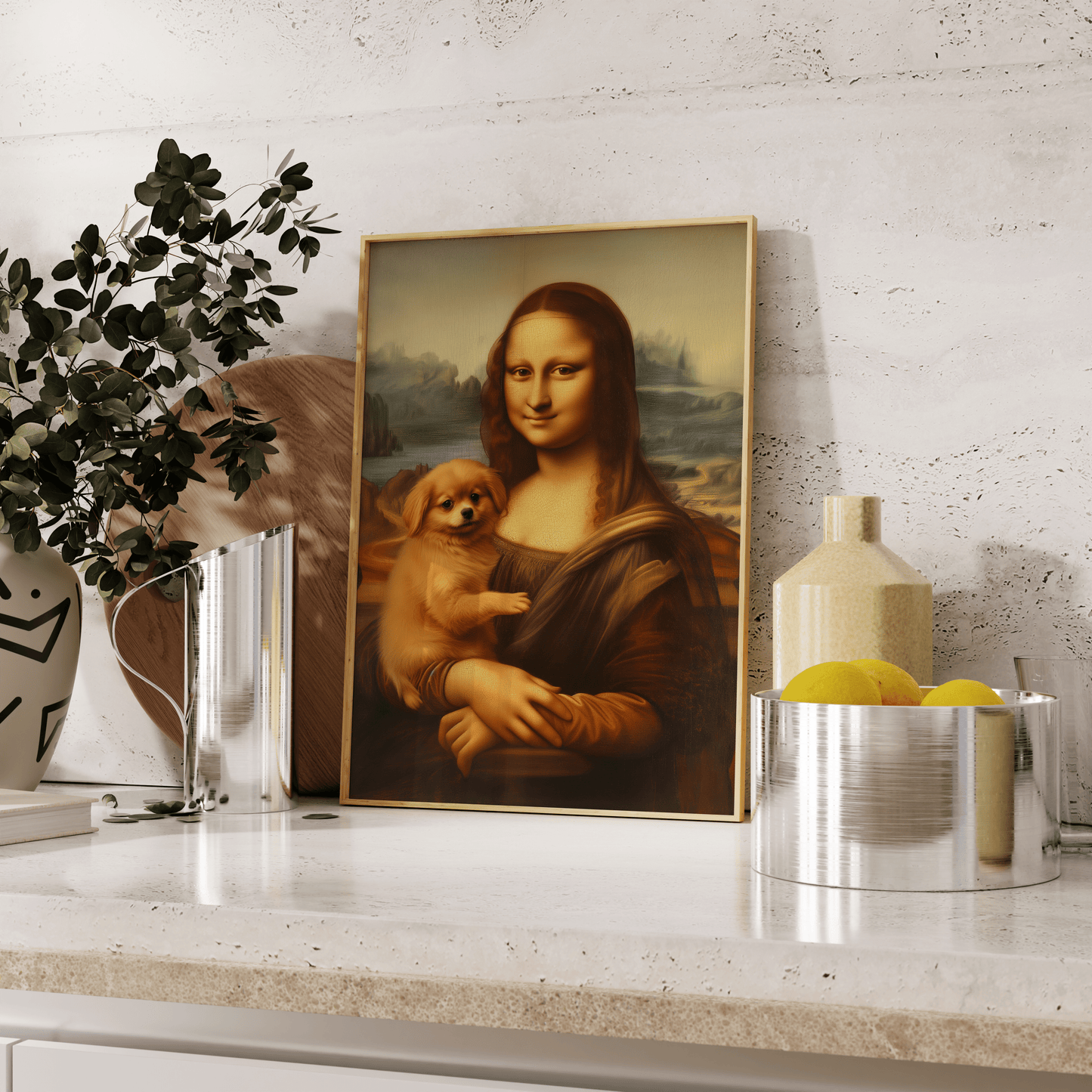Painting of Mona Lisa holding a pomeranian puppy, leaning against the kitchen counter - Paw Prints
