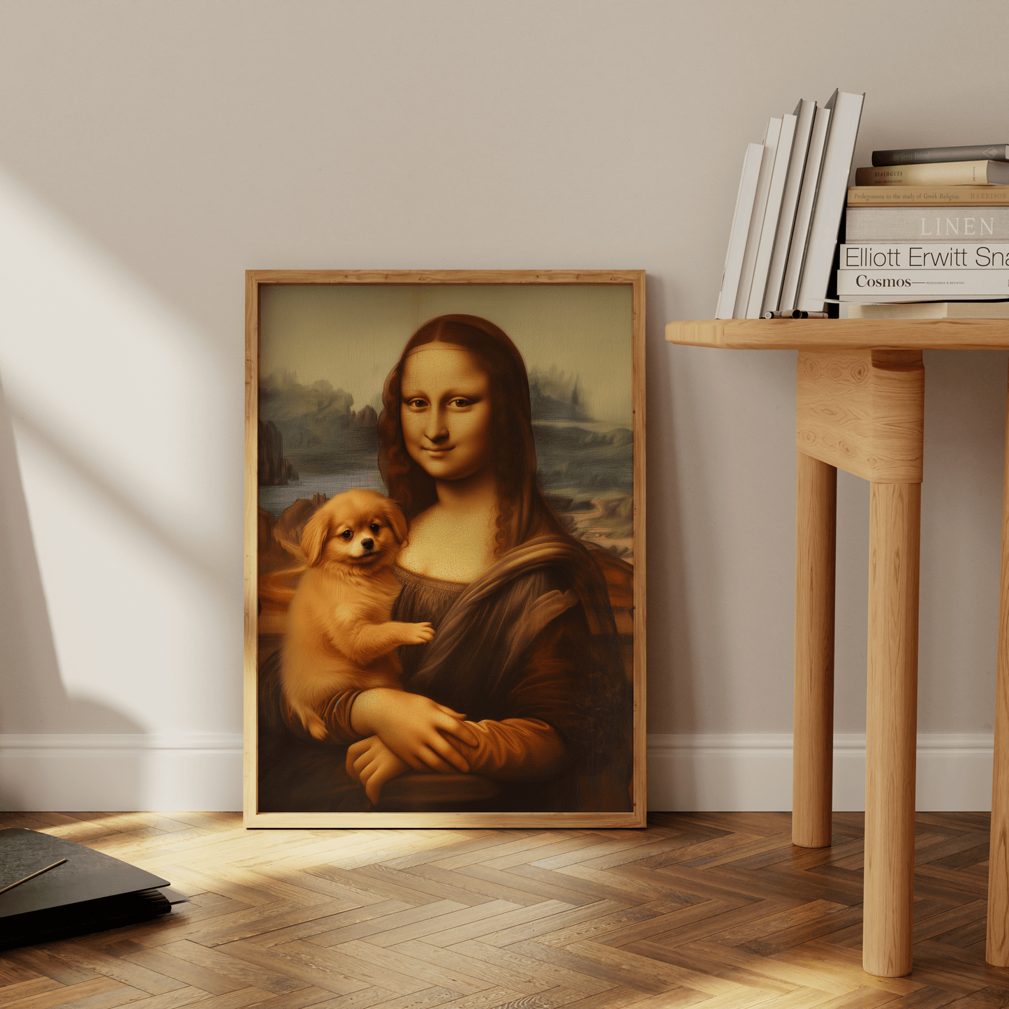 Painting of Mona Lisa holding a pomeranian puppy, leaning against the office wall - Paw Prints