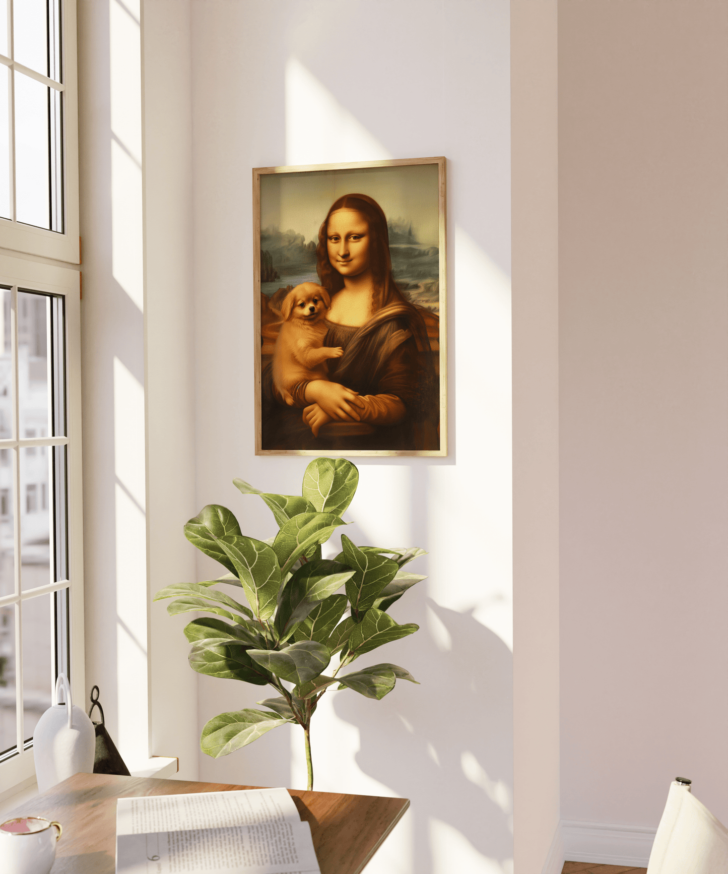 Painting of Mona Lisa holding a pomeranian puppy, on a blank wall - Paw Prints