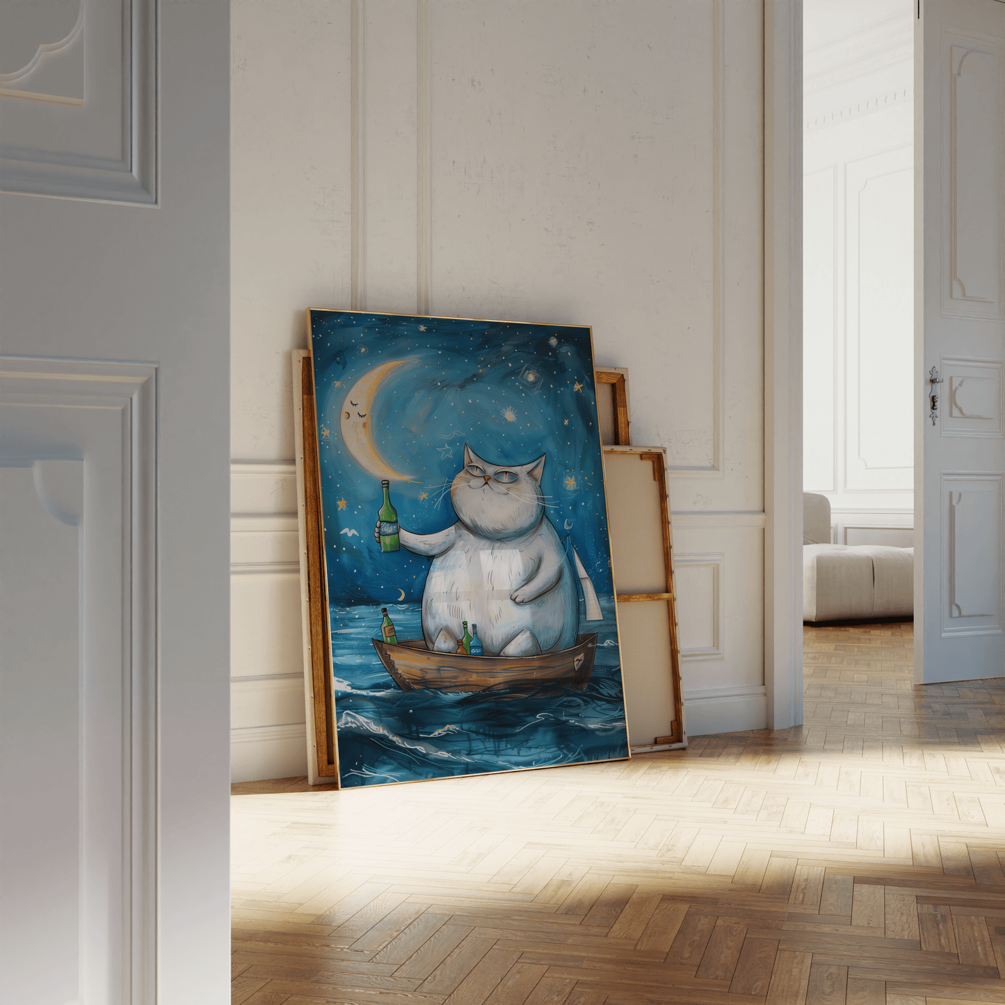 Painting of a fat cat on a rowboat, drinking alcohol and cheering the moon, leaning against a white bathroom wall - Paw Prints