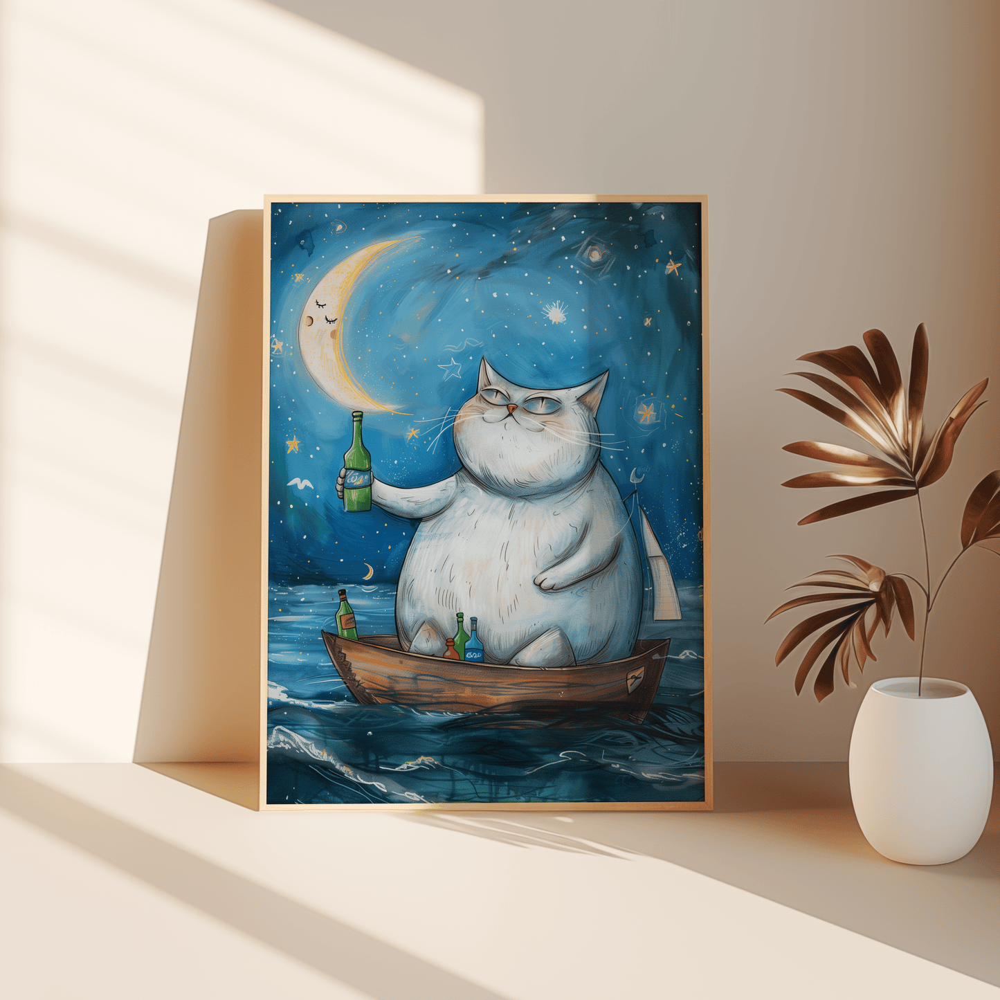 Painting of a fat cat on a rowboat, drinking alcohol and cheering the moon, leaning against the bedroom floor - Paw Prints