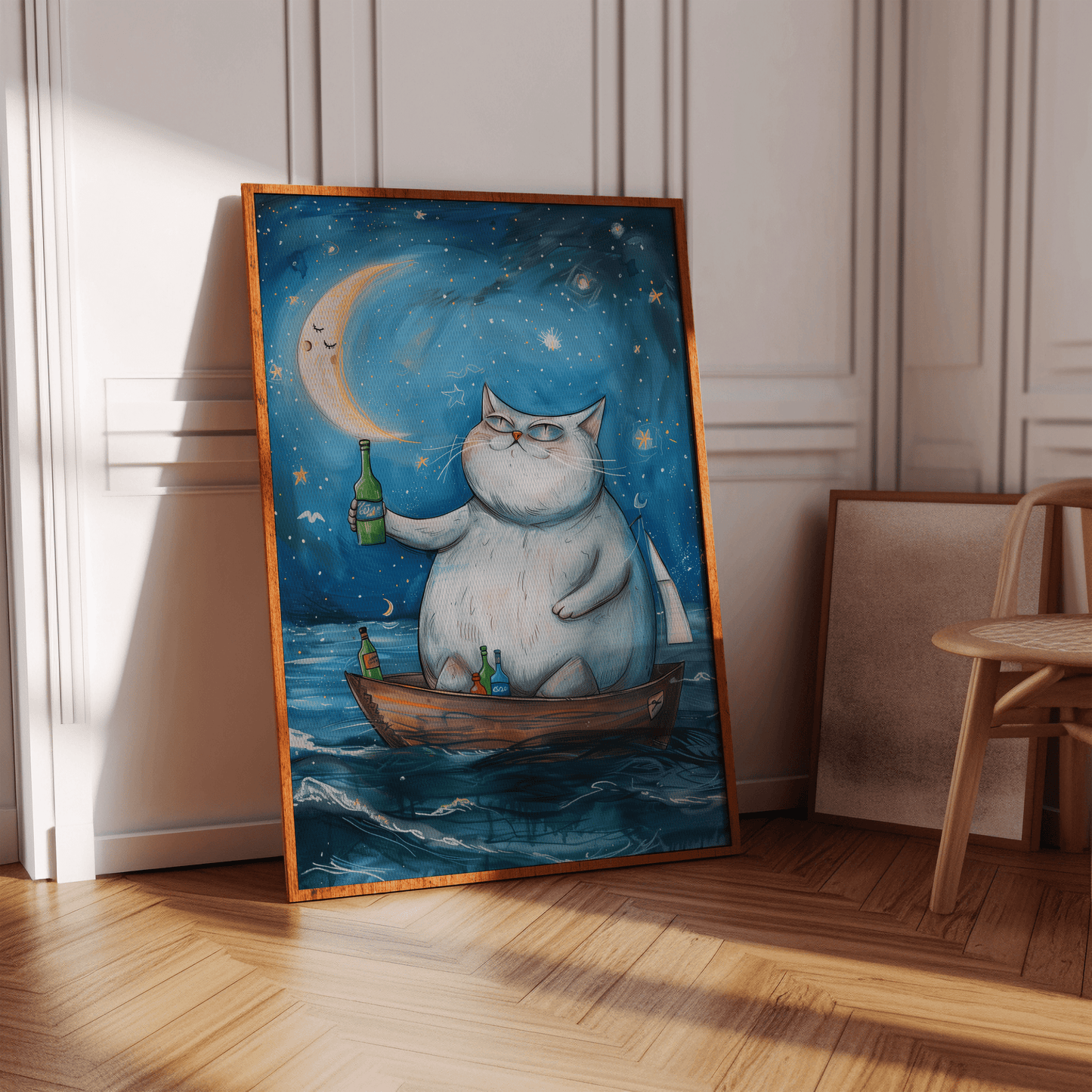 Painting of a fat cat on a rowboat, drinking alcohol and cheering the moon, on a blank wall - Paw Prints