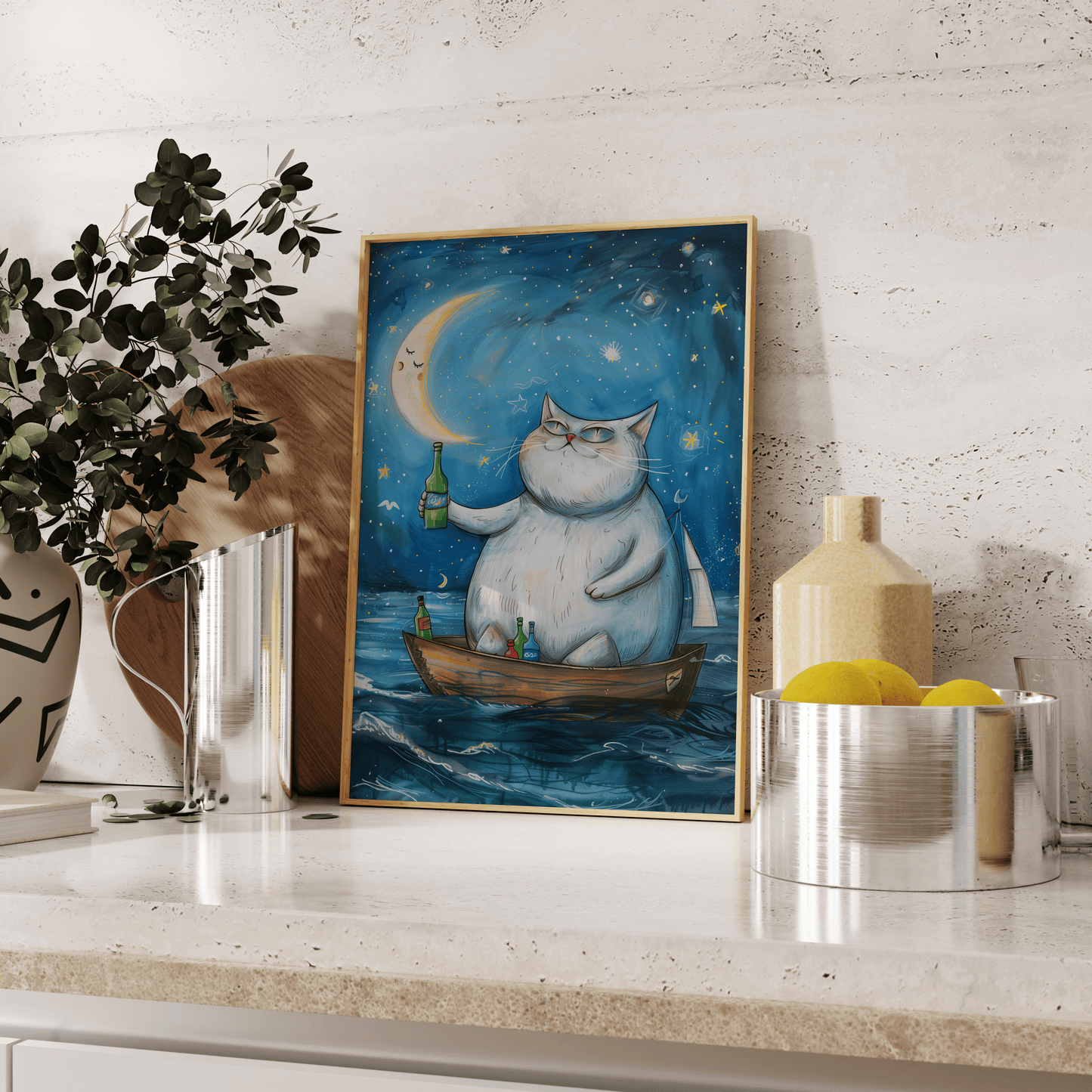 Painting of a fat cat on a rowboat, drinking alcohol and cheering the moon, leaning against the kitchen counter - Paw Prints
